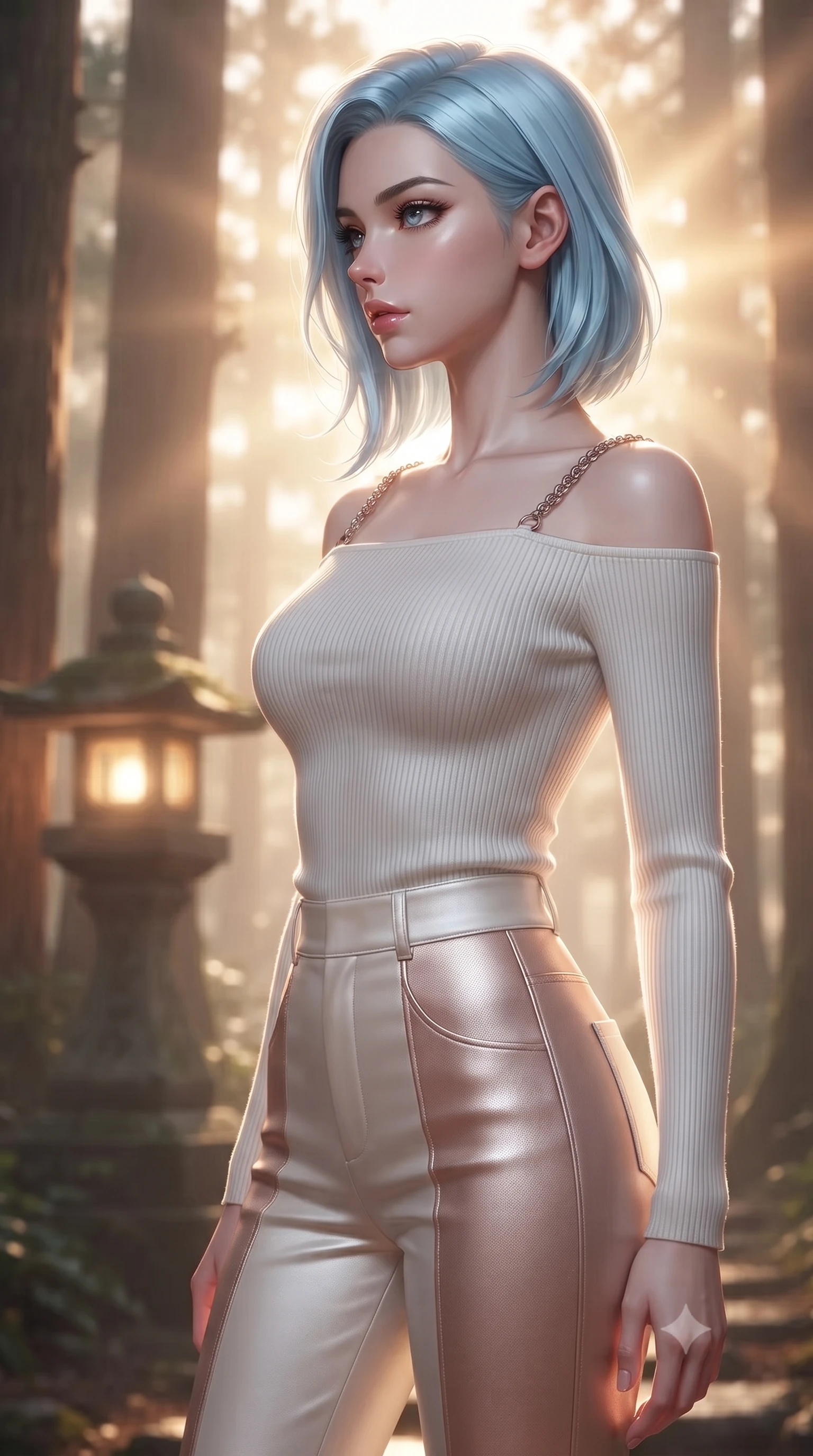 score_9, masterpiece, best quality, ultra-detailed, high-budget anime keyframe, editorial fashion photography, tasteful artistic composition, Korean woman. close-up cowboy shot from the waist and thighs up, the character dominates the composition, filling the frame with her large presence, background elements kept in soft focus. Turning her face in sharp dramatic profile against the bright light, showcasing her sharp v-shaped jawline standing near a sacred stone lantern glowing softly in a cedar grove at dawn, morning fog scattering golden sunlight through towering cedar trees. She has an exceptionally elegant, slender, and willowy female figure with an ultra-slim waist, a gracefully sculpted slender torso, and a refined silhouette. sharp v-shaped jawline, high-bridge nose, intricate jewel-like eyes with depth, thick eyelashes, glossy lips with a natural sheen. wearing a sleek off-shoulder ribbed knit top paired with high-waist tailored pants in pearl white and rose gold, made of fine carbon-fiber weave and soft matte leather, adorned with delicate metallic chain straps along the neckline, the tailored fabric tightly following every curve of her athletic build. illuminated by soft glowing paper lantern light and warm sunbursts. ultra-reflective glossy finish, specular highlights, metallic sheen, high-contrast stereoscopic depth, volumetric dynamic lighting, 2k, ultra detail, master piece, 9:16 ratio