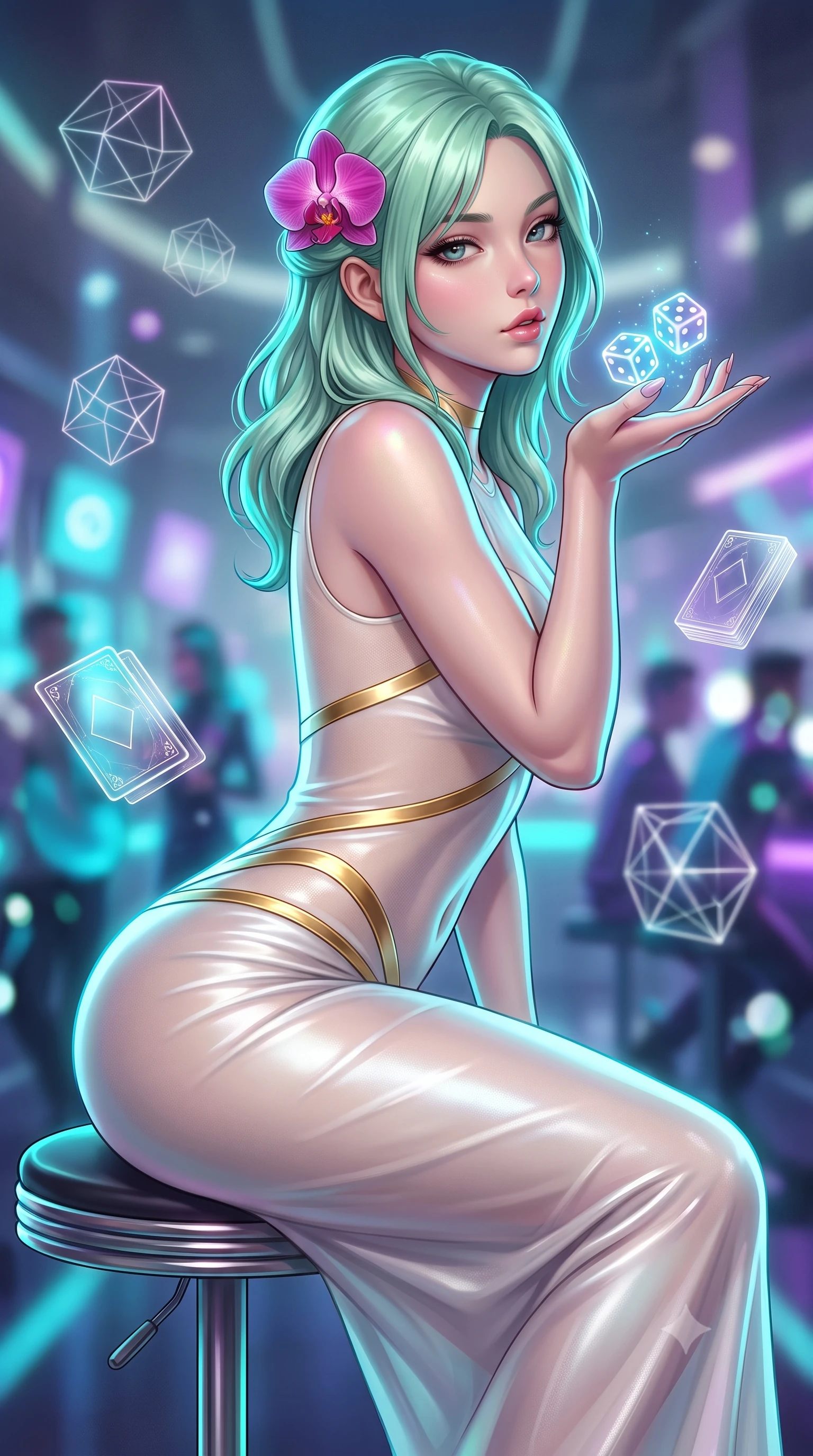 score_9, masterpiece, best quality, ultra-detailed, high-budget anime keyframe, semi-realistic 3D game render, editorial fashion photography, tasteful artistic composition, Japanese woman. close-up cowboy shot from the waist and thighs up, the character dominates the composition, filling the frame with her large presence. leaning forward while arching her lower back to accentuate her curvy hips, looking into the camera with an intoxicating smoldering gaze and bedroom-eyes while perched sideways on the high barstool with legs crossed, blowing gently on glowing holographic dice held in her manicured palm. The background shows a soft-focus floating geometric dice wireframes, levitating acrylic card decks, and moving neon patrons blurred into cyan, violet, and electric silver bokeh. She has an exceptionally elegant, slender, and willowy female figure with an ultra-slim waist, flat toned midriff, narrow ribcage, and sculpted feminine hips creating an alluring, slim hourglass silhouette without bulk. sharp v-shaped jawline, high-bridge nose, sparkling eyes with hypnotic seductive depth, thick curled eyelashes, glossy parted lips with a natural dewy peach sheen, alluring bedroom-eyes with an enchanting coquettish smile, exuding magnetic siren charisma and sophisticated glamour, flawlessly proportioned anatomical accuracy, strict slender model proportions, natural body alignment, perfectly sculpted long slender limbs, ultra-slim waistline, clean dynamic posture without body distortion. wearing a provocative sheer illusion mesh gown with liquid gold ribbons contouring her flat midriff and curvaceous hips in pure pearl alabaster with liquid platinum sheen, woven from buttery-soft stretch lambskin leather adhering to her body like a second skin, accented with a fresh-bloomed exotic magenta orchid tucked gracefully into her dark glossy hair, the liquid-tight tailored fabric clinging flawlessly to her narrow waist and rounded feminine hips, emphasizing every millimeter of her sculpted slim hourglass curves without any bulky heaviness. illuminated by holographic glow fill and sharp electric-cyan rim lights defining her razor-sharp jawline, narrow waist, and curvy hips. highly saturated vibrant anime colors, detailed shading with soft gradients, rich glossy textures, high-contrast stereoscopic depth, volumetric dynamic lighting, master piece, 9:16 ratio