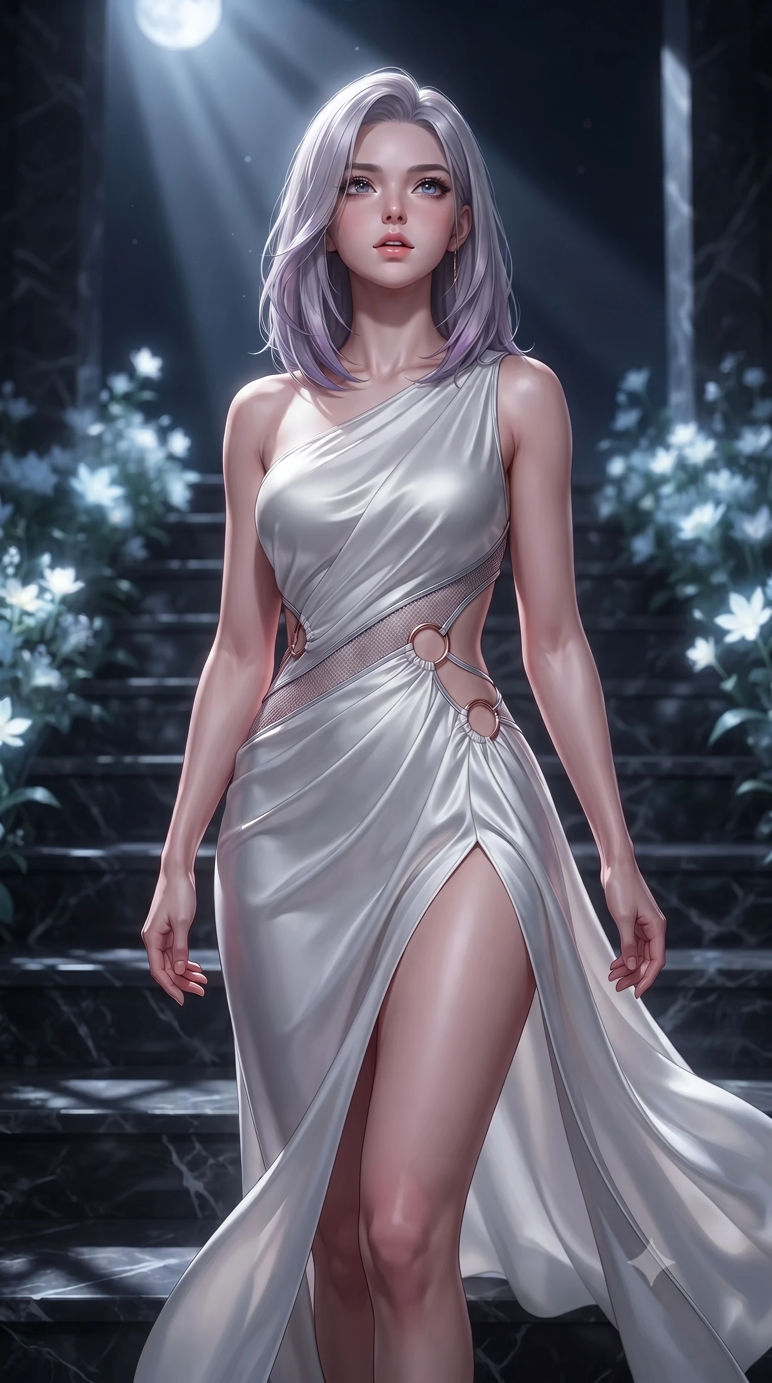 score_9, masterpiece, best quality, ultra-detailed, high-budget anime keyframe, editorial fashion photography, tasteful artistic composition, Caucasian woman. close-up cowboy shot from the waist and thighs up, the character dominates the composition, filling the frame with her large presence, background elements kept in soft focus. Tilting her chin up slightly with lips parted in a composed, magnetic expression, ascending dark stone terrace steps lined with glowing white flora, cold silver moonbeams casting sharp dramatic shadows across dark marble. She has an exceptionally elegant, slender, and willowy female figure with an ultra-slim waist, a gracefully sculpted slender torso, and a refined silhouette. sharp v-shaped jawline, high-bridge nose, intricate jewel-like eyes with depth, thick eyelashes, glossy lips with a natural sheen. wearing draped white silk gown featuring graceful waist cutouts and thigh slit in pearl white, made of fine silver contouring mesh, trimmed with rose-gold ring hardware along the waist contours, following her slender form with tailored precision. surrounded by a mysterious nocturnal aura with glowing flower light. highly saturated vibrant anime colors, detailed shading with soft gradients, rich glossy textures, high-contrast stereoscopic depth, volumetric dynamic lighting, master piece, 9:16 ratio