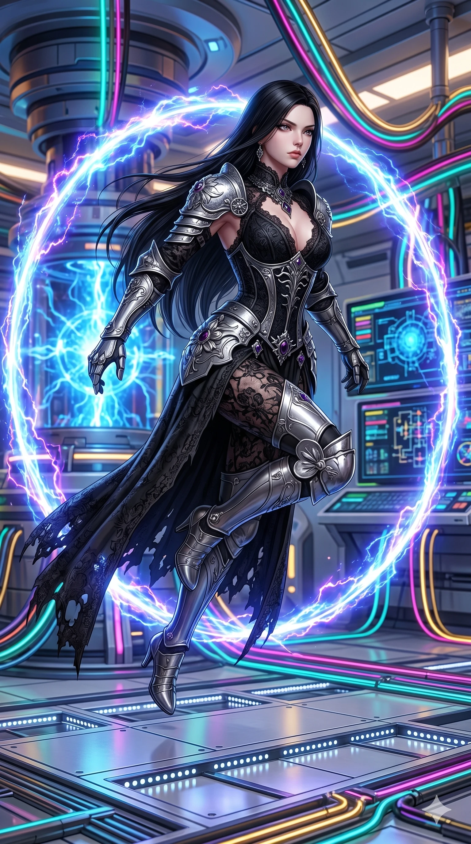 score_9, masterpiece, best quality, ultra-detailed, Set A: Photorealistic 8k CG, Japanese woman. Low angle cowboy shot filling the entire 9:16 frame with her statuesque presence. Leaping through a ring of glowing plasma in a high-tech laboratory. She has an absolutely perfect 8-heads proportion, an exceptionally tall and slender female figure with elegant long slender legs and an slender waist. Sharp v-shaped jawline, high-bridge nose, intricate jewel-like eyes with depth, thick eyelashes, glossy lips. Wearing a Dark Fantasy outfit: gothic lace corset gown with silver armor and a v-neckline. Background is a bright and colorful lab with blue energy cores and vibrant light trails. 2k, ultra detail, master piece, 9:16 ratio