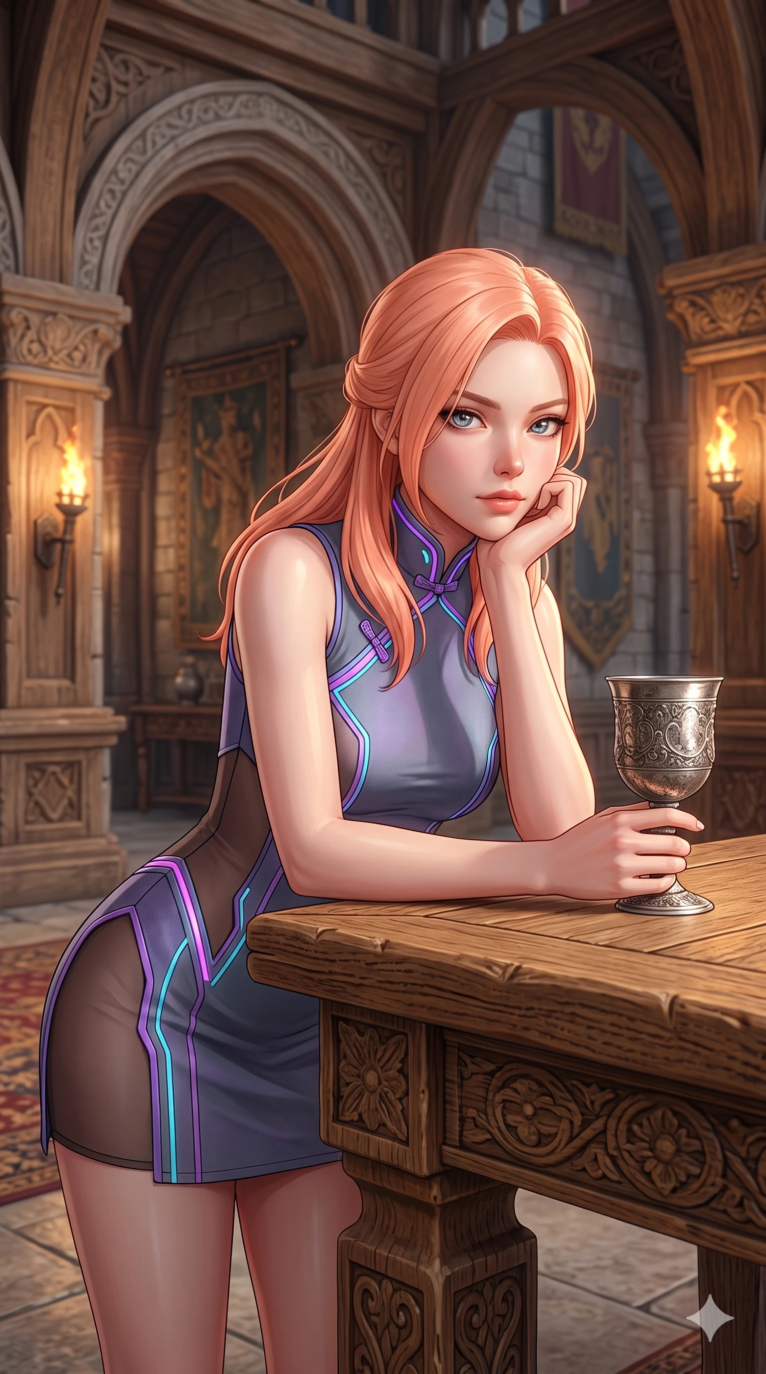 score_9, masterpiece, best quality, ultra-detailed, high-budget anime keyframe, semi-realistic 3D game render, editorial fashion photography, tasteful artistic composition, Japanese woman. close-up cowboy shot from the waist and thighs up, the character dominates the composition, filling the frame with her large presence. resting one elbow on the table and supporting her chin, leaning close to the camera with heavy-lidded sparkling eyes and parted lips while leaning against the carved oak high-table with hips cocked back, toying with an antique silver goblet with smoldering anime bedroom-eyes. The surrounding environment is rendered in vivid detail and crisp panoramic clarity: detailed anime keyframe lines, rich fabric textures, and monumental fortress craftsmanship in razor-sharp precision. She has an exceptionally elegant, slender, and willowy female figure with an ultra-slim waist, flat toned midriff, narrow ribcage, and sculpted feminine hips creating an alluring, slim hourglass silhouette without bulk. sharp v-shaped jawline, high-bridge nose, intricate jewel-like eyes with depth, thick eyelashes, glossy parted lips with a natural sheen, intensely captivating and seductive bedroom-eyes expression, flawlessly proportioned anatomical accuracy, strict slender model proportions, natural body alignment, perfectly sculpted long slender limbs, ultra-slim waistline, clean dynamic posture without body distortion. wearing a modernized cyber-qipao mini dress with an ultra-high side slit ascending to the hip and glowing piping in Highland heather violet and slate granite, featuring strategic sheer-illusion tulle side panels framing her ribcage and hips, accented with a chrome-drop body harness subtly framing her dewy collarbones and spine, the form-contouring silhouette accentuating her sculpted flat midriff, narrow delicate ribcage, and gracefully curvy hips with intoxicating allure. highly saturated vibrant anime colors, detailed shading with soft gradients, rich glossy textures, master piece, 9:16 ratio. highly saturated vibrant anime colors, detailed shading with soft gradients, rich glossy textures, high-contrast stereoscopic depth, volumetric dynamic lighting, master piece, 9:16 ratio