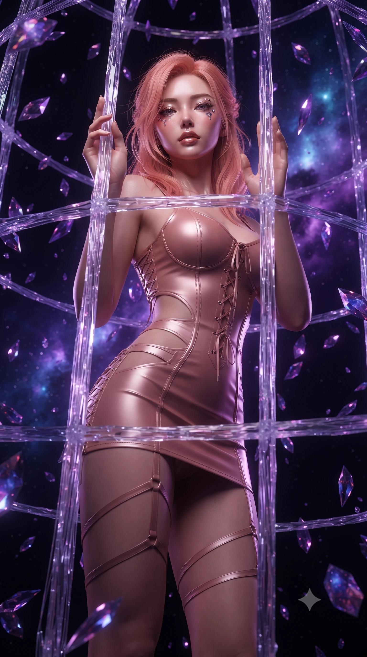 score_9, masterpiece, best quality, ultra-detailed, High-budget Anime Keyframe, editorial fashion photography, tasteful artistic composition, realistic cosplay photography, East Asian woman. Low angle cowboy shot filling the entire 9:16 frame with her statuesque presence. Scenario 534: trapped in a cage of glowing crystalline fibers, her body pressing against the bars, in a dark void filled with floating crystal shards reflecting purple nebulae. Her presence is magnetic and overpowering in this high-budget cinematic scene. Outfit 534: a body-hugging rose-gold matte vinyl corset dress with strategic waist cut-outs and slender leg straps. The clothing is designed to emphasize her exceptionally tall and slender 8-heads proportion. 8-heads proportion, towering silhouette, ultra-slim waist. sharp v-shaped jawline, intricate jewel-like eyes with depth, thick eyelashes, glossy lips. ultra-reflective glossy finish, specular highlights, metallic sheen, high-contrast stereoscopic depth, volumetric dynamic lighting, 2k, ultra detail, master piece, 9:16 ratio