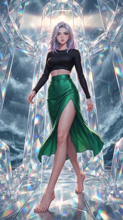 score_9, masterpiece, best quality, ultra-detailed, high-budget anime keyframe, editorial fashion photography, tasteful artistic composition, Caucasian woman, strictly human ears. low angle full-body shot from head to toe showing her feet, filling th