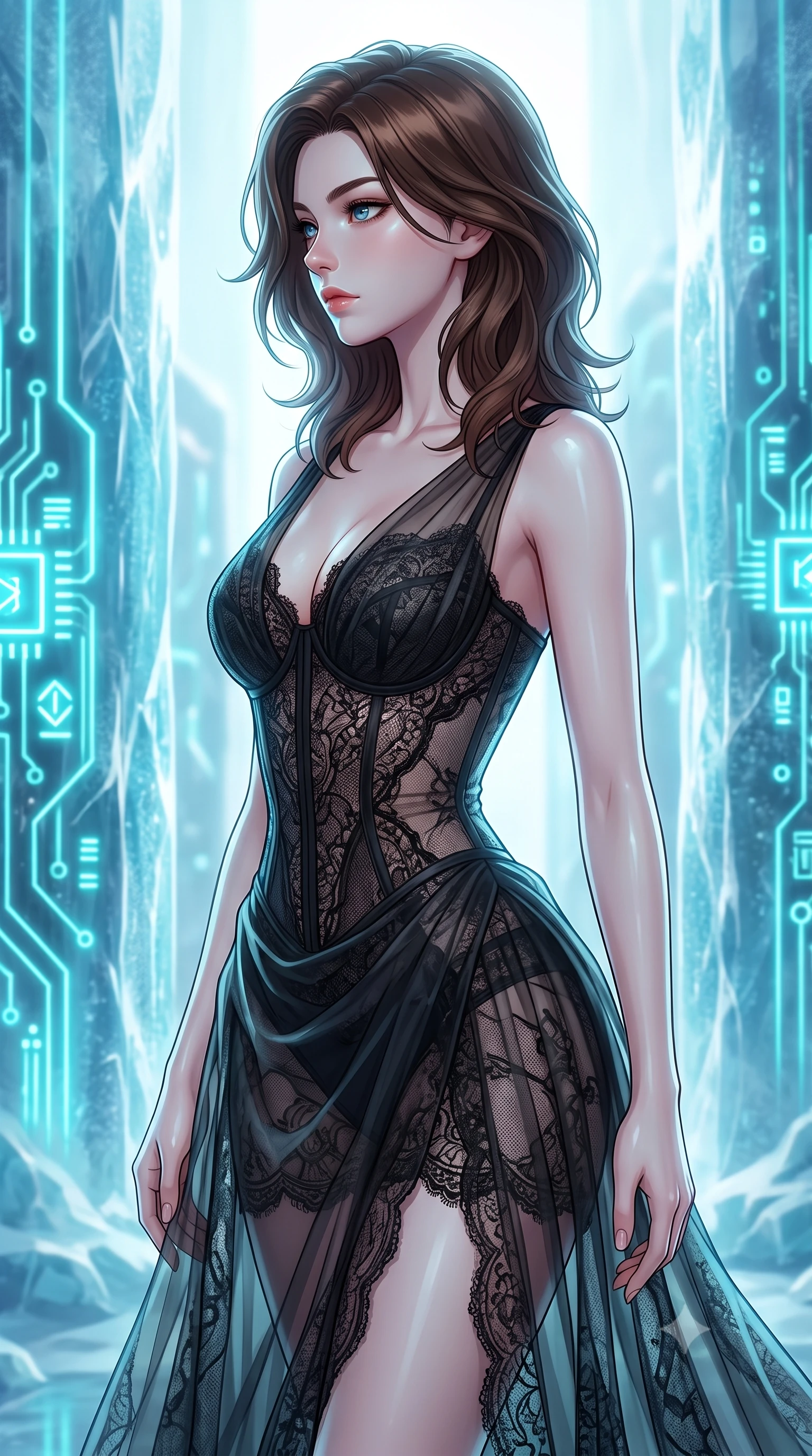 score_9, masterpiece, best quality, ultra-detailed, high-budget anime keyframe, editorial fashion photography, tasteful artistic composition, Korean woman woman. close-up cowboy shot from the waist and thighs up, the character dominates the composition, filling the frame with her large presence, background elements kept in soft focus. She has an exceptionally elegant, slender, and willowy female figure with an ultra-slim waist, a gracefully sculpted slender torso, and a refined silhouette. turning her head in a sharp dramatic profile against the key light, her eyes glowing with calm focus, flawlessly proportioned anatomical accuracy, natural body alignment, perfectly sculpted elegant limbs, clean dynamic posture without body distortion. set against a soft-focus background of frozen ice columns embedded with pulsing neon circuit boards. wearing a fine black lace corset dress with sheer organza drapes revealing a sculpted waistline. bathed in glowing cyan light radiating from sub-zero circuit runes with cool ambient backdrops. highly saturated vibrant anime colors, detailed shading with soft gradients, rich glossy textures, high-contrast stereoscopic depth, volumetric dynamic lighting, master piece, 9:16 ratio