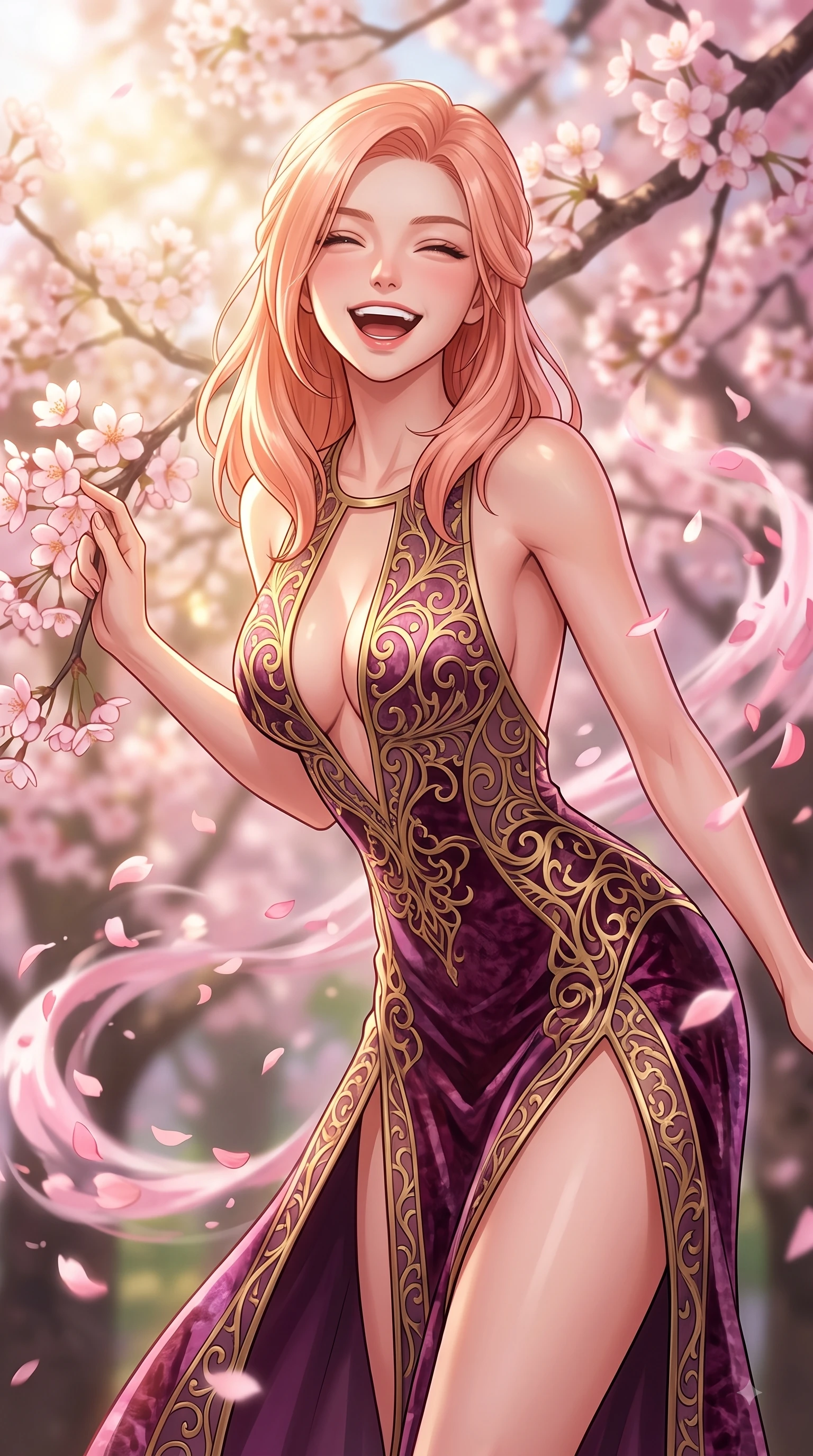 score_9, masterpiece, best quality, ultra-detailed, high-budget anime keyframe, editorial fashion photography, tasteful artistic composition, Japanese woman. close-up cowboy shot from the waist and thighs up, the character dominates the composition, filling the frame with her large presence, background elements kept in soft focus. Joyful laughing expression filled with genuine happiness and warmth, leaning forward with cheerful energy while resting cheerfully against a blooming sakura branch as golden morning sunbeams fill the air, floating pink petals drifting around her in dynamic, cheerful wind currents. She has an exceptionally elegant, slender, and willowy female figure with an ultra-slim waist, a gracefully sculpted slender torso, and a refined silhouette. sharp v-shaped jawline, high-bridge nose, intricate jewel-like eyes with depth, thick eyelashes, glossy lips with a natural sheen, flawlessly proportioned anatomical accuracy, natural body alignment, perfectly sculpted elegant limbs, clean dynamic posture without body distortion. wearing a backless crushed velvet gown with a deep V-neckline and high thigh slit in plum purple and gold filigree, formed from sleek second-skin neoprene, accented with a Tasteful chest slit framing her clavicle gracefully, the tailored fabric tightly following every curve of her athletic build. bathed in bright morning sunbeams and warm golden sakura backlighting. highly saturated vibrant anime colors, detailed shading with soft gradients, rich glossy textures, high-contrast stereoscopic depth, volumetric dynamic lighting, master piece, 9:16 ratio
