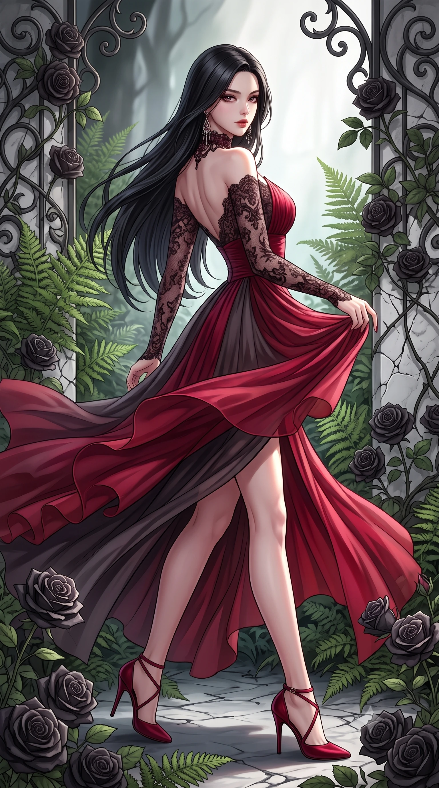score_9, masterpiece, best quality, ultra-detailed, high-budget anime keyframe, semi-realistic 3D game render, editorial fashion photography, tasteful artistic composition, Korean woman. low angle full-body shot from head to toe showing her feet, filling the entire 9:16 vertical frame with her statuesque presence, stretching her vertical silhouette. executing an elegant mid-motion turn as garments swirl around her slender limbs, glancing over her shoulder with smoldering allure while gliding between whispering ferns and overgrown black roses, her smoldering gaze locking onto the viewer with intoxicating allure. The surrounding environment is rendered in vivid detail and crisp panoramic clarity. intricate wrought-iron filigree, velvet rose petal textures, and cracked marble masonry in sharp focus. She has an absolutely perfect, statuesque 8.5-heads proportion, an exceptionally tall and slender model-like female figure with impossibly long slender legs, a toned flat midriff, and an ultra-slim waist. sharp v-shaped jawline, high-bridge nose, intricate jewel-like eyes with depth, thick eyelashes, glossy parted lips with a natural sheen, intensely captivating and seductive expression, flawlessly proportioned anatomical accuracy, strict slender model proportions, natural body alignment, perfectly sculpted long slender limbs, ultra-slim waistline, clean dynamic posture without body distortion. wearing a dark romantic lace-sleeved evening gown with a plunging neckline and bare shoulders in rich ruby red and dark smoky charcoal, woven from layered gossamer chiffon with a weightless sweeping drape, finished with a dramatic filigree Victorian choker and chandelier earrings, the form-contouring material adhering flawlessly to her sculpted flat midriff and slender torso, emphasizing her long leg lines and perfectly proportioned willowy build. illuminated by dramatic chiaroscuro key light sharply carving her slender waist, bare collarbones, and jawline. highly saturated vibrant anime colors, detailed shading with soft gradients, rich glossy textures, high-contrast stereoscopic depth, volumetric dynamic lighting, master piece, 9:16 ratio