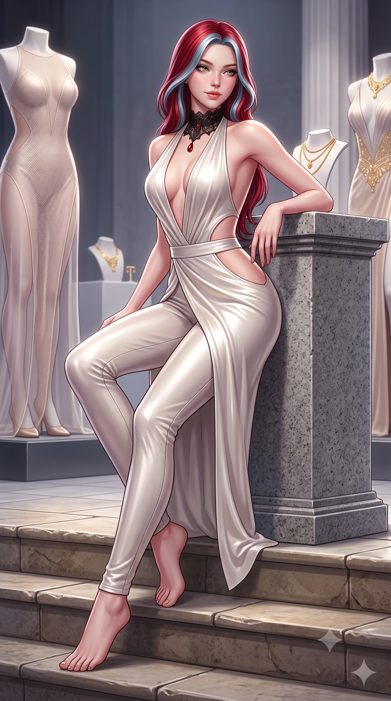 score_9, masterpiece, best quality, ultra-detailed, high-budget anime keyframe, semi-realistic 3D game render, editorial fashion photography, tasteful artistic composition, Caucasian woman. low angle full-body shot from head to toe showing her feet, filling the entire 9:16 vertical frame with her statuesque presence, stretching her vertical silhouette. sitting poised on the stone steps with one knee bent, arching her spine with supermodel elegance as she glances upward through thick eyelashes while leaning against a honed granite pedestal with hips cocked back, looking over a bare shoulder with an intoxicating bedroom-gaze. The surrounding environment is rendered in vivid detail and crisp panoramic clarity: detailed sheer illusion mesh gown inserts, gold jewelry glints, and contemporary exhibition space design in razor-sharp precision. She has an absolutely perfect, statuesque 8.5-heads proportion, an exceptionally tall and slender model-like female figure with impossibly long slender legs, an ultra-slim waist, a flat toned midriff, narrow delicate ribcage, and beautifully sculpted feminine hips creating a graceful, slim hourglass silhouette without any bulky heaviness. sharp v-shaped jawline, high-bridge nose, sparkling eyes with hypnotic seductive depth, thick curled eyelashes, glossy parted lips with a natural dewy peach sheen, alluring bedroom-eyes with an enchanting coquettish smile, exuding magnetic siren charisma and sophisticated glamour, flawlessly proportioned anatomical accuracy, strict slender model proportions, natural body alignment, perfectly sculpted long slender limbs, ultra-slim waistline, clean dynamic posture without body distortion. wearing a liquid metallic lamé plunge halterneck jumpsuit clinging like a second skin with high-cut side hip cutouts in pure pearl alabaster with liquid platinum sheen, woven from buttery-soft stretch lambskin leather adhering to her body like a second skin, accented with an ornate black lace Victorian choker featuring a single blood-red teardrop garnet, the high-slit wrap tailoring accentuating her ultra-slim waistline and the enchanting curve of her feminine hips with alluring seductive charm. illuminated by floor bounce fill and sharp high-contrast white rim lights sculpting her jawline, flat midriff, and voluptuous hip curves. highly saturated vibrant anime colors, detailed shading with soft gradients, rich glossy textures, high-contrast stereoscopic depth, volumetric dynamic lighting, master piece, 9:16 ratio
