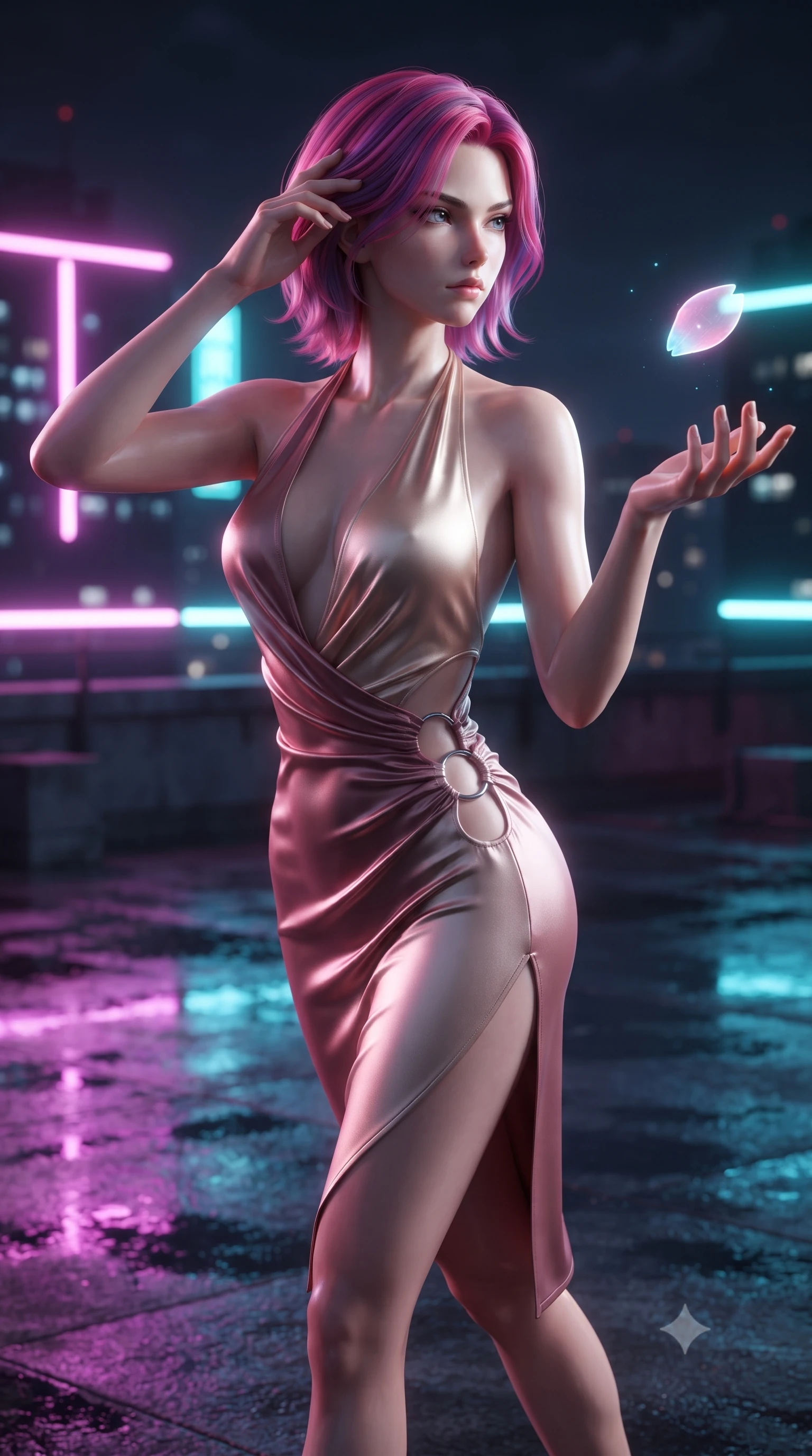 score_9, masterpiece, best quality, ultra-detailed, high-budget anime keyframe, editorial fashion photography, tasteful artistic composition, Caucasian woman. close-up cowboy shot from the waist and thighs up, the character dominates the composition, filling the frame with her large presence, background elements kept in soft focus. Resting her fingers gracefully near her temple, casting a sharp mysterious side-gaze during her stride while reaching forward with one hand to catch a glowing holographic sakura petal, wet rooftop surfaces reflecting glowing pink, purple, and cyan neon light bars. She has an exceptionally elegant, slender, and willowy female figure with an ultra-slim waist, a gracefully sculpted slender torso, and a refined silhouette. sharp v-shaped jawline, high-bridge nose, intricate jewel-like eyes with depth, thick eyelashes, glossy lips with a natural sheen, flawlessly proportioned anatomical accuracy, natural body alignment, perfectly sculpted elegant limbs, clean dynamic posture without body distortion. wearing a deep-scoop halter bodycon dress with hip cutouts connected by silver rings in dusty rose and champagne gold, crafted from lustrous satin jersey with fluid draping, finished with a sleek side slit ascending to mid-thigh, the glove-like fit emphasizing her statuesque silhouette during motion. drenched in intense neon magenta and cyan rim light with dark urban contrast. ultra-reflective glossy finish, specular highlights, metallic sheen, high-contrast stereoscopic depth, volumetric dynamic lighting, 2k, ultra detail, master piece, 9:16 ratio