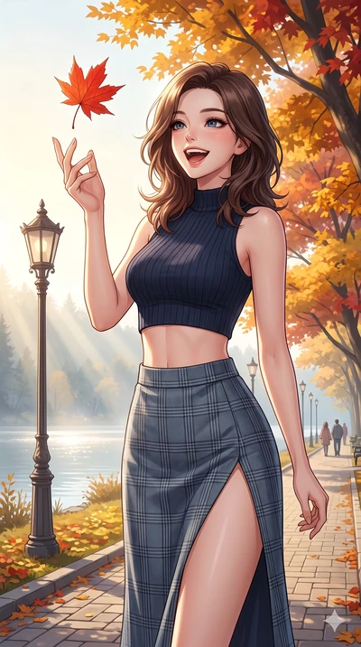 score_9, masterpiece, best quality, ultra-detailed, high-budget anime keyframe, vibrant anime aesthetic, Korean woman. cowboy shot from the thighs up, character and outfit filling the frame for maximum presence. She is tossing a maple leaf with a hap