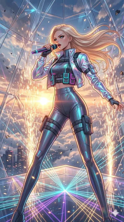 score_9, masterpiece, best quality, ultra-detailed, high-budget anime movie keyframe, cinematic anime lighting, intricate line art, Japanese woman. Upper body filling screen focusing on her alluring features and slim-fit silhouette. singing on a lase