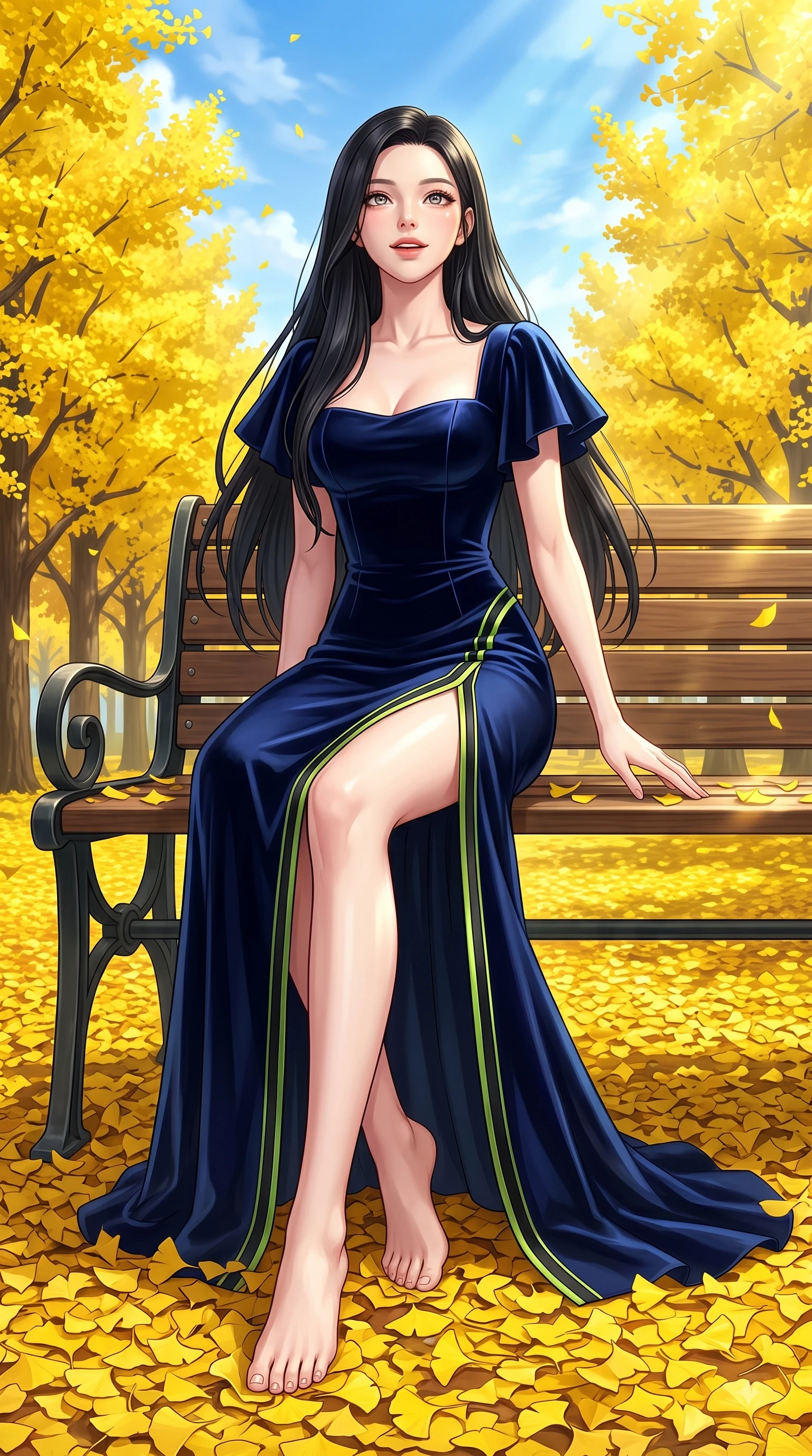score_9, masterpiece, best quality, ultra-detailed, high-budget anime keyframe, editorial fashion photography, tasteful artistic composition, Korean woman. low angle full-body shot from head to toe showing her feet, filling the entire 9:16 vertical frame with her statuesque presence, stretching her vertical silhouette. Radiant anticipation in her face, glowing with hopeful curiosity and warm expectant energy while sitting on a classic park bench surrounded by a carpet of bright yellow fallen leaves. The surrounding environment is rendered in vivid detail and crisp panoramic clarity. endless golden ginkgo tree arcades, detailed leaf carpets, and crisp blue sky in panoramic focus. She has an absolutely perfect, statuesque 8.5-heads proportion, an exceptionally tall and slender model-like female figure with impossibly long slender legs and an ultra-slim waist. sharp v-shaped jawline, high-bridge nose, intricate jewel-like eyes with depth, thick eyelashes, glossy lips with a natural sheen, flawlessly proportioned anatomical accuracy, natural body alignment, perfectly sculpted elegant limbs, clean dynamic posture without body distortion. wearing a sleek dark navy velvet bustier gown with a deep slit and metallic accents in bright lime green and sleek jet black, tailored from structured wool crepe with clean lines, featuring elegant flutter sleeves and a graceful square neckline, the form-contouring material accentuating her ultra-slim waist and long lines. illuminated by bright glowing yellow ambient light and clear sky refractions. highly saturated vibrant anime colors, detailed shading with soft gradients, rich glossy textures, high-contrast stereoscopic depth, volumetric dynamic lighting, master piece, 9:16 ratio