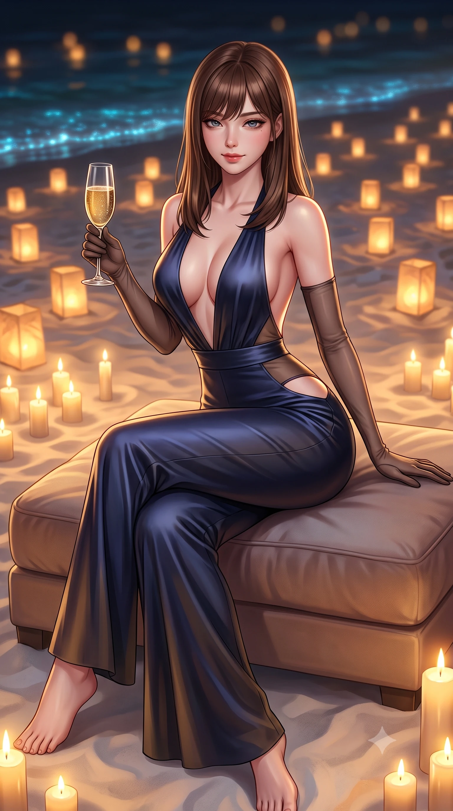 score_9, masterpiece, best quality, ultra-detailed, high-budget anime keyframe, semi-realistic 3D game render, editorial fashion photography, tasteful artistic composition, Korean woman. close-up cowboy shot from the waist and thighs up, the character dominates the composition, filling the frame with her large presence. leaning forward while arching her lower back to accentuate her curvy hips, looking into the camera with an intoxicating smoldering gaze and bedroom-eyes while sitting gracefully on the plush low divan on the sand with legs crossed, holding a glass of vintage champagne with magnetic siren cool. The background shows a soft-focus hundreds of glowing paper lanterns embedded in white sand, shimmering bioluminescent tide lines, and dark empty sea blurred into amber, cyan, and obsidian bokeh. She has an exceptionally elegant, slender, and willowy female figure with an ultra-slim waist, flat toned midriff, narrow ribcage, and sculpted feminine hips creating an alluring, slim hourglass silhouette without bulk. sharp v-shaped jawline, high-bridge nose, sparkling eyes with hypnotic seductive depth, thick curled eyelashes, glossy parted lips with a natural dewy peach sheen, alluring bedroom-eyes with an enchanting coquettish smile, exuding magnetic siren charisma and sophisticated glamour, flawlessly proportioned anatomical accuracy, strict slender model proportions, natural body alignment, perfectly sculpted long slender limbs, ultra-slim waistline, clean dynamic posture without body distortion. wearing a backless plunge-front silk satin jumpsuit with fluid wide-leg silhouette and side hip cutouts in Austrian opera midnight indigo and antique brass, made of semi-opaque stretch illusion mesh with soft shadowy contours, complemented by sheer opera-length evening gloves tracing her slender arms, the second-skin tailored fabric adhering flawlessly to her sculpted flat midriff and slender torso, emphasizing her long leg lines and perfectly proportioned willowy build. bathed in the warm, intimate golden flicker of hundreds of natural wax candles scattered across the sand. highly saturated vibrant anime colors, detailed shading with soft gradients, rich glossy textures, high-contrast stereoscopic depth, volumetric dynamic lighting, master piece, 9:16 ratio