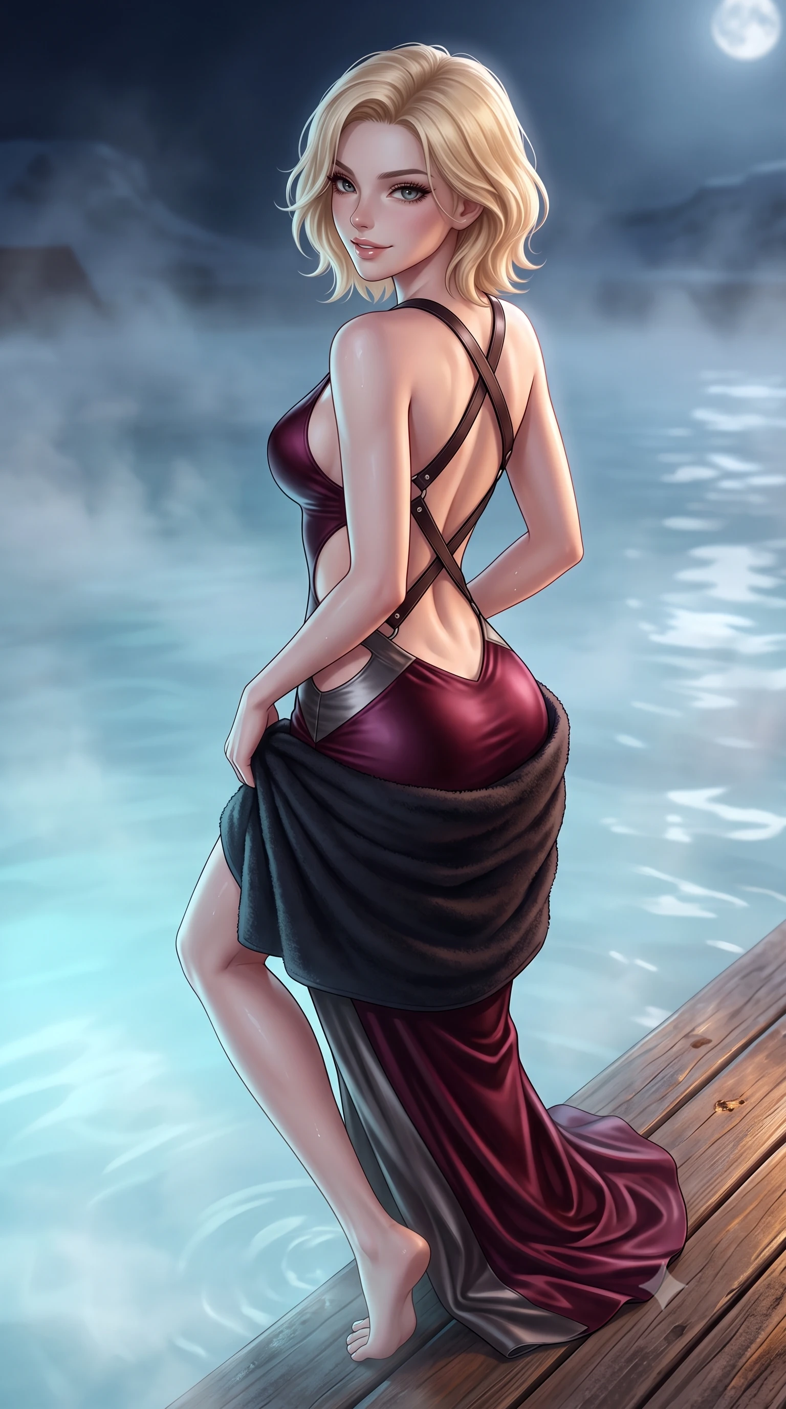 score_9, masterpiece, best quality, ultra-detailed, high-budget anime keyframe, semi-realistic 3D game render, editorial fashion photography, tasteful artistic composition, Caucasian woman. close-up cowboy shot from the waist and thighs up, the character dominates the composition, filling the frame with her large presence. turning over a bare shoulder with an intoxicating, teasing smile, her soft hair framing her sharp jawline as her hips angle gracefully while stepping lightly out of the milky thermal water onto the heated wooden deck, wrapping a plush towel loosely around her curvy hips. The surrounding environment is rendered in vivid detail and crisp panoramic clarity. atmospheric nocturnal geothermal chiaroscuro and otherworldly Arctic wellness sanctuary aesthetics in precision. She has an exceptionally elegant, slender, and willowy female figure with an ultra-slim waist, flat toned midriff, narrow ribcage, and sculpted feminine hips creating an alluring, slim hourglass silhouette without bulk. sharp v-shaped jawline, high-bridge nose, intricate jewel-like eyes with depth, thick eyelashes, glossy parted lips with a natural sheen, intensely captivating and seductive bedroom-eyes expression, flawlessly proportioned anatomical accuracy, strict slender model proportions, natural body alignment, perfectly sculpted long slender limbs, ultra-slim waistline, clean dynamic posture without body distortion. wearing a sculptured liquid-satin mermaid gown with an architectural open-waist cutout and bare spine in deep wine burgundy and brushed dark platinum, tailored from smooth liquid silk satin adhering seamlessly to her skin, featuring an open-back criss-cross harness strap in dark leather, the form-contouring material adhering flawlessly to her sculpted flat midriff and slender torso, emphasizing her long leg lines and perfectly proportioned willowy build. bathed in soft underwater milky-cyan LED lagoon illumination and cool silver full-moon light from above. highly saturated vibrant anime colors, detailed shading with soft gradients, rich glossy textures, high-contrast stereoscopic depth, volumetric dynamic lighting, master piece, 9:16 ratio