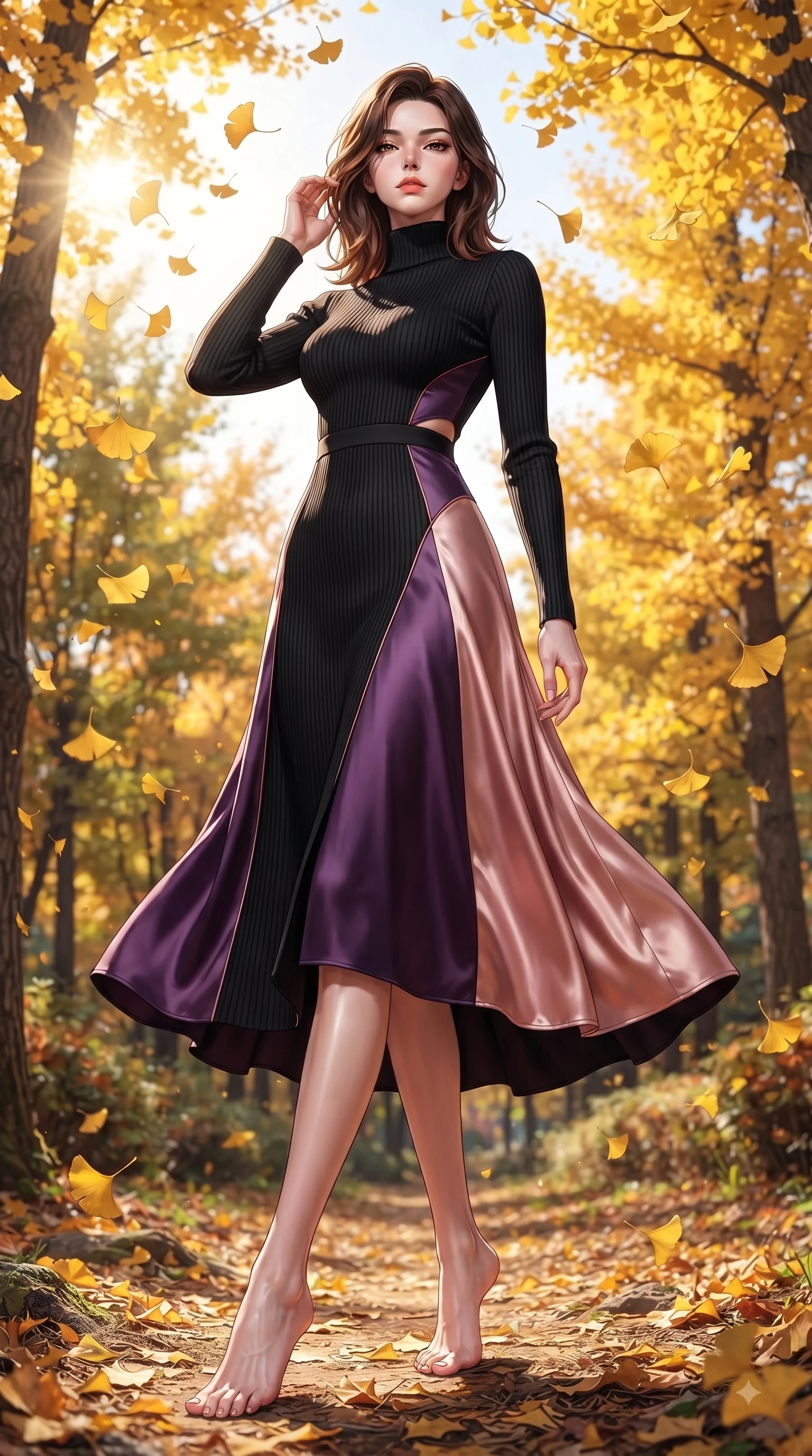 score_9, masterpiece, best quality, ultra-detailed, high-budget anime keyframe, editorial fashion photography, tasteful artistic composition, Korean woman. low angle full-body shot from head to toe showing her feet, filling the entire 9:16 vertical frame with her statuesque presence, stretching her vertical silhouette. Statuesque haughty posture with a cool, sharp glance and composed high-fashion elegance while pivoting gracefully as golden ginkgo leaves flutter down like gold rain around her. The surrounding environment is rendered in vivid detail and crisp panoramic clarity. vibrant autumn sunlight scattering through golden leaves with high environmental clarity. She has an absolutely perfect, statuesque 8.5-heads proportion, an exceptionally tall and slender model-like female figure with impossibly long slender legs and an ultra-slim waist. sharp v-shaped jawline, high-bridge nose, intricate jewel-like eyes with depth, thick eyelashes, glossy lips with a natural sheen, flawlessly proportioned anatomical accuracy, natural body alignment, perfectly sculpted elegant limbs, clean dynamic posture without body distortion. wearing a chic black ribbed turtleneck knit dress accentuating her slender waist in deep amethyst purple and rose gold, crafted from smooth liquid silk satin, complemented by clean architectural seams and subtle cutouts, the sleek second-skin fit accentuating her magnetic presence. surrounded by a crisp, romantic, and vibrant autumn editorial atmosphere. ultra-reflective glossy finish, specular highlights, metallic sheen, high-contrast stereoscopic depth, volumetric dynamic lighting, 2k, ultra detail, master piece, 9:16 ratio