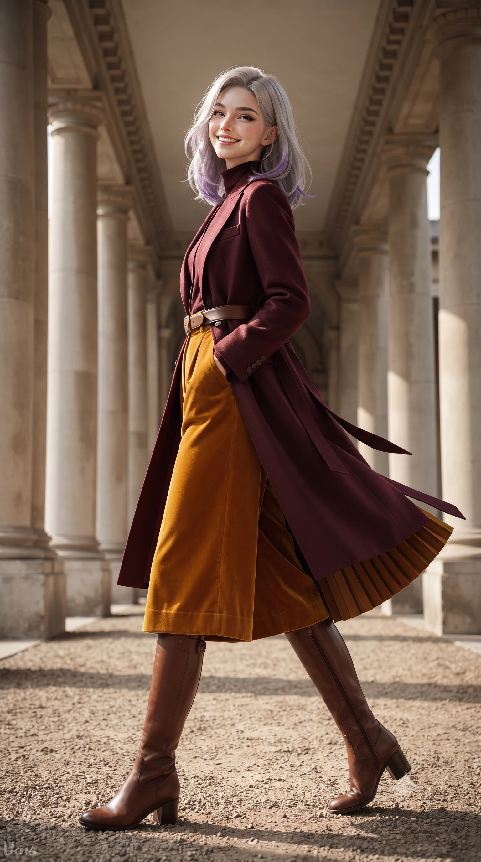 score_9, masterpiece, best quality, ultra-detailed, high-budget anime keyframe, editorial fashion photography, tasteful artistic composition, Caucasian woman. low angle full-body shot from head to toe showing her feet, filling the entire 9:16 vertical frame with her statuesque presence, stretching her vertical silhouette. executing an elegant pivot turn as the hem of her pleated wool skirt sways rhythmically, glancing back with joyful radiance while walking gracefully down the rhythmic perspective of the double-columned classical arcade, smiling brightly toward the camera. The surrounding environment is rendered in vivid detail and crisp panoramic clarity: sharp stone chisel marks on column bases, gravel pathway texture, and architectural cornice dentils in deep focus. She has an exceptionally tall and slender model-like 8.5-heads proportion, an ultra-slim waist, a flat toned midriff, narrow delicate ribcage, and beautifully sculpted feminine hips creating a graceful, slim hourglass silhouette without any bulky heaviness, with impossibly long slender legs. sharp v-shaped jawline, high-bridge nose, intricate jewel-like sparkling eyes with depth, thick eyelashes, glossy parted lips with a natural peach sheen, bright cheerful beaming smile with an enchanting and coquettish sensual glint, exuding both youthful cute charm and seductive allure, flawlessly proportioned anatomical accuracy, strict slender model proportions, natural body alignment, perfectly sculpted long slender limbs, ultra-slim waistline, clean dynamic posture without body distortion. wearing a modern tailored silk-blend robe coat with minimalist sash belt layered over a high-neck blouse and wide culottes in rich Oxford burgundy and golden amber, crafted from rich cotton velvet with deep light-absorbing pile and soft gradients, finished with a smooth equestrian bridle-leather belt with a polished brass horseshoe buckle, the precision-cut high-waisted tailoring accentuating her ultra-slim waist and long slender leg line with immaculate aristocratic poise. bathed in rhythmic alternating pools of bright autumn afternoon sun and soft shaded stone arcade ambient light. ultra-reflective glossy finish, specular highlights, rich textural contrasts, high-contrast stereoscopic depth, volumetric dynamic lighting, 2k, ultra detail, master piece, 9:16 ratio