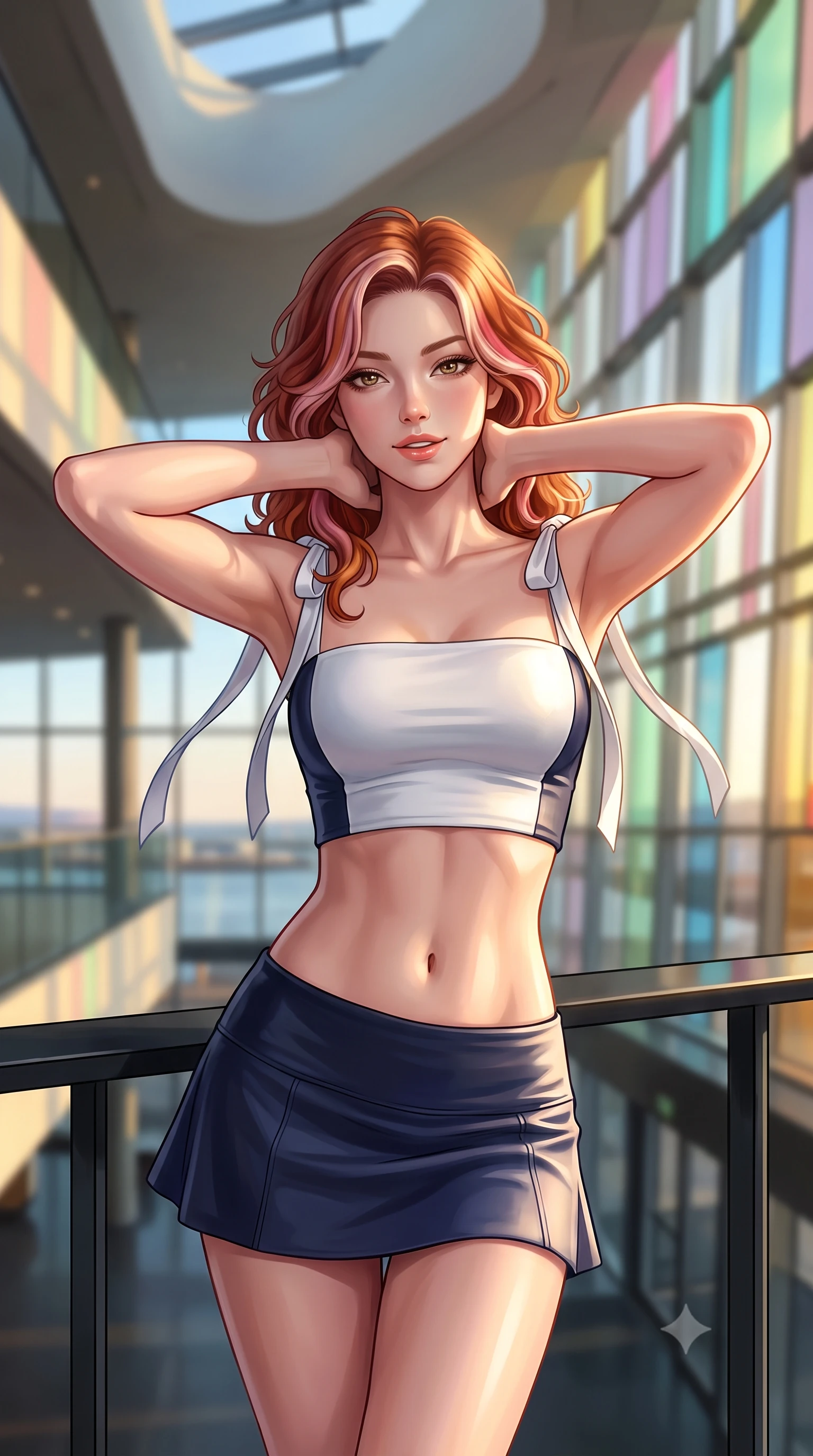 score_9, masterpiece, best quality, ultra-detailed, high-budget anime keyframe, editorial fashion photography, tasteful artistic composition, Caucasian woman. close-up cowboy shot from the waist and thighs up, the character dominates the composition, filling the frame with her large presence. resting both hands lightly behind her neck with elbows raised, arching her spine to highlight her narrow waist, flat midriff, and breathtaking collarbones while leaning against the cantilevered black steel atrium balustrade with hips cocked back, looking out over Reykjavik harbor with smoldering bedroom-eyes. The background shows a soft-focus soaring architectural ceiling voids softened in iconic Nordic cultural landmark shallow focus. She has an exceptionally elegant, slender, and willowy female figure with an ultra-slim waist, flat toned midriff, narrow ribcage, and sculpted feminine hips creating an alluring, slim hourglass silhouette without bulk. sharp v-shaped jawline, high-bridge nose, intricate jewel-like sparkling eyes with depth, thick eyelashes, glossy parted lips with a natural peach sheen, bright cheerful beaming smile with an enchanting and coquettish sensual glint, exuding both youthful cute charm and seductive allure, flawlessly proportioned anatomical accuracy, strict slender model proportions, natural body alignment, perfectly sculpted long slender limbs, ultra-slim waistline, clean dynamic posture without body distortion. wearing an ultra-cropped fitted bandeau top paired with a micro mini tennis skirt revealing her flat midriff in Mount Fuji snow-peak white and midnight indigo silk, woven from buttery-soft stretch lambskin leather adhering to her body like a second skin, finished with satin ribbon ties at the shoulders fluttering in the gentle breeze, the impeccably tailored cut draping gracefully along her slender figure with aristocratic poise. bathed in the low-angle golden 3000K midnight sun light filtering through prismatic colored glass panels. ultra-reflective glossy finish, specular highlights, rich textural contrasts, high-contrast stereoscopic depth, volumetric dynamic lighting, 2k, ultra detail, master piece, 9:16 ratio