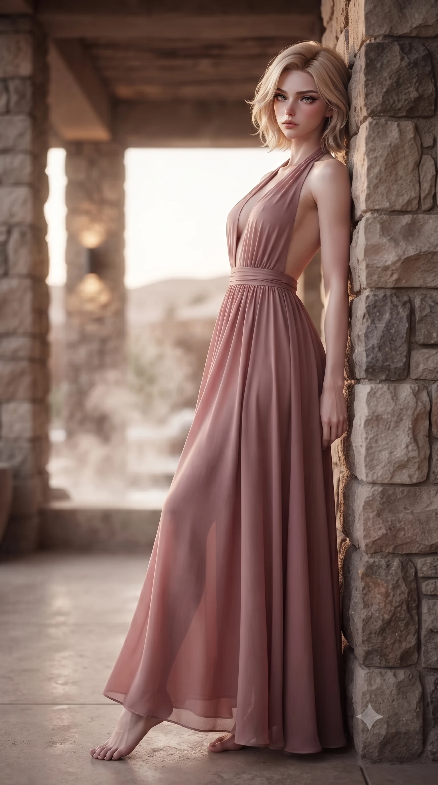 score_9, masterpiece, best quality, ultra-detailed, high-budget anime keyframe, editorial fashion photography, tasteful artistic composition, Caucasian woman. low angle full-body shot from head to toe showing her feet, filling the entire 9:16 vertical frame with her statuesque presence, stretching her vertical silhouette. leaning back against a rustic stone wall, casting a slow, alluring gaze at the camera the background shows a soft-focus a high-end wellness spa room in a desert resort with stone pillars and steam. She has an absolutely perfect, statuesque 8.5-heads proportion, an exceptionally tall and slender model-like female figure with impossibly long slender legs and an ultra-slim waist. sharp v-shaped jawline, high-bridge nose, intricate jewel-like eyes with depth, thick eyelashes, glossy lips with a natural sheen. wearing a form-contouring deep plunging-V neck maxi dress in dusty rose chiffon with a bold halter neck and low-cut back. low-contrast, soft warm ambient uplight casting a peaceful glow. ultra-reflective glossy finish, specular highlights, metallic sheen, high-contrast stereoscopic depth, volumetric dynamic lighting, 2k, ultra detail, master piece, 9:16 ratio