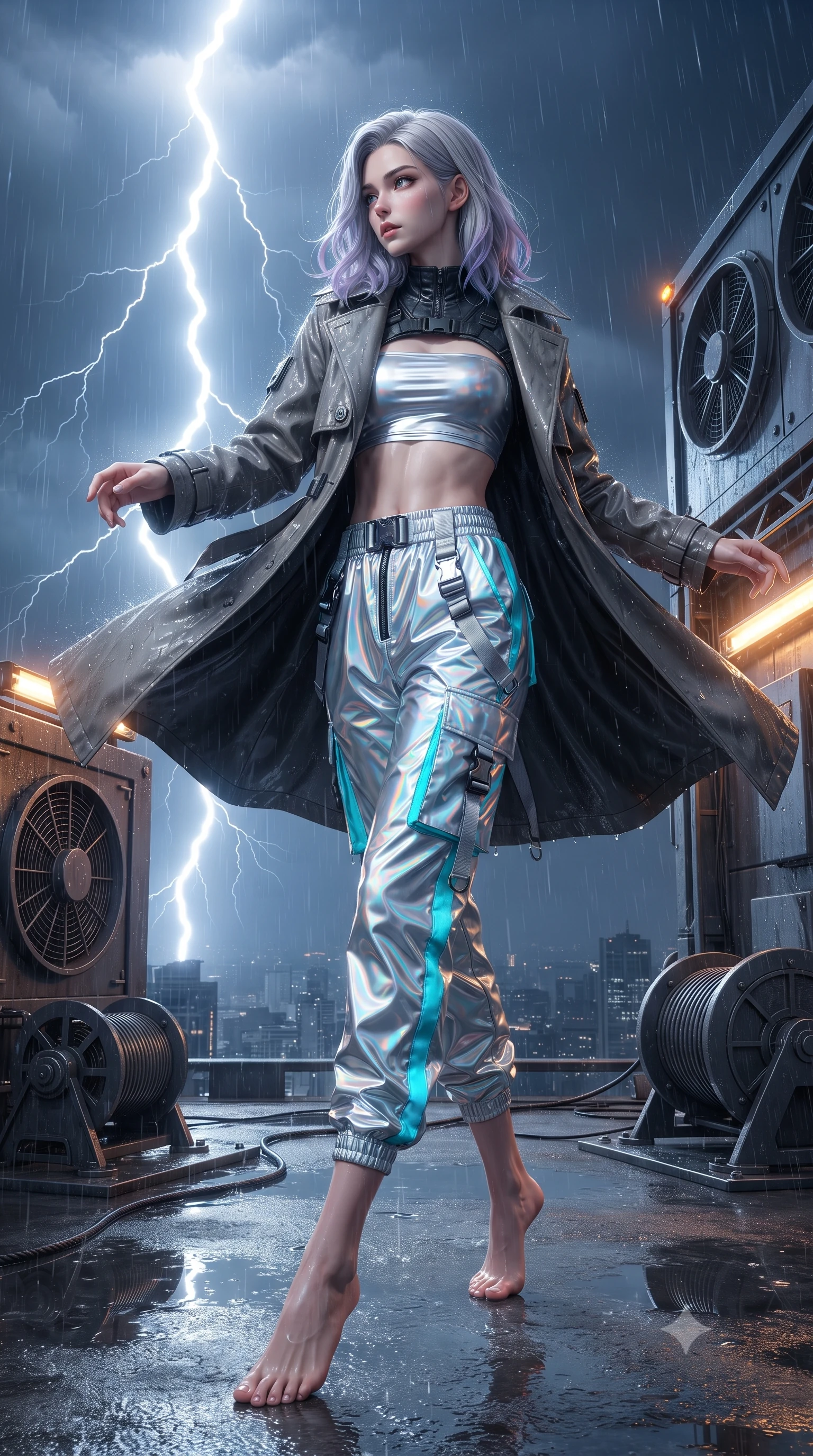 score_9, masterpiece, best quality, ultra-detailed, high-budget anime keyframe, editorial fashion photography, tasteful artistic composition, Caucasian woman. low angle full-body shot from head to toe showing her feet, filling the entire 9:16 vertical frame with her statuesque presence, stretching her vertical silhouette. executing an elegant mid-motion spin with effortless grace, her garments fluttering softly around her ultra-slim waistline while infiltrating a torrential midnight rooftop helipad 80 stories high as lightning flashes illuminate her wet tactical trench coat. The surrounding environment is rendered in vivid detail and crisp panoramic clarity. detailed turbine exhaust grilles, grappling cable spool mechanisms, and lightning strikes in high clarity. She has an absolutely perfect, statuesque 8.5-heads proportion, an exceptionally tall and slender model-like female figure with impossibly long slender legs, a toned flat midriff, and an ultra-slim waist. sharp v-shaped jawline, high-bridge nose, intricate jewel-like eyes with depth, thick eyelashes, glossy lips with a natural sheen, captivating and magnetic expression, flawlessly proportioned anatomical accuracy, strict slender model proportions, natural body alignment, perfectly sculpted long slender limbs, ultra-slim waistline, clean dynamic posture without body distortion. wearing a futuristic cropped tech-harness vest worn over a silver reflective tube top and high-rise metallic parachute cargo pants in holographic silver and electric cyan, crafted from high-gloss metallic ripstop nylon and flexible carbon mesh, detailed with heavy-duty chrome quick-release buckles and D-ring straps, the precision-cut daring openings accentuating her delicate midriff, graceful bare collarbones, and ultra-slim feminine waistline. bathed in blinding white storm lightning flash backlighting and warm amber perimeter beacon fill. ultra-reflective glossy finish, specular highlights, rich textural contrasts, high-contrast stereoscopic depth, volumetric dynamic lighting, 2k, ultra detail, master piece, 9:16 ratio