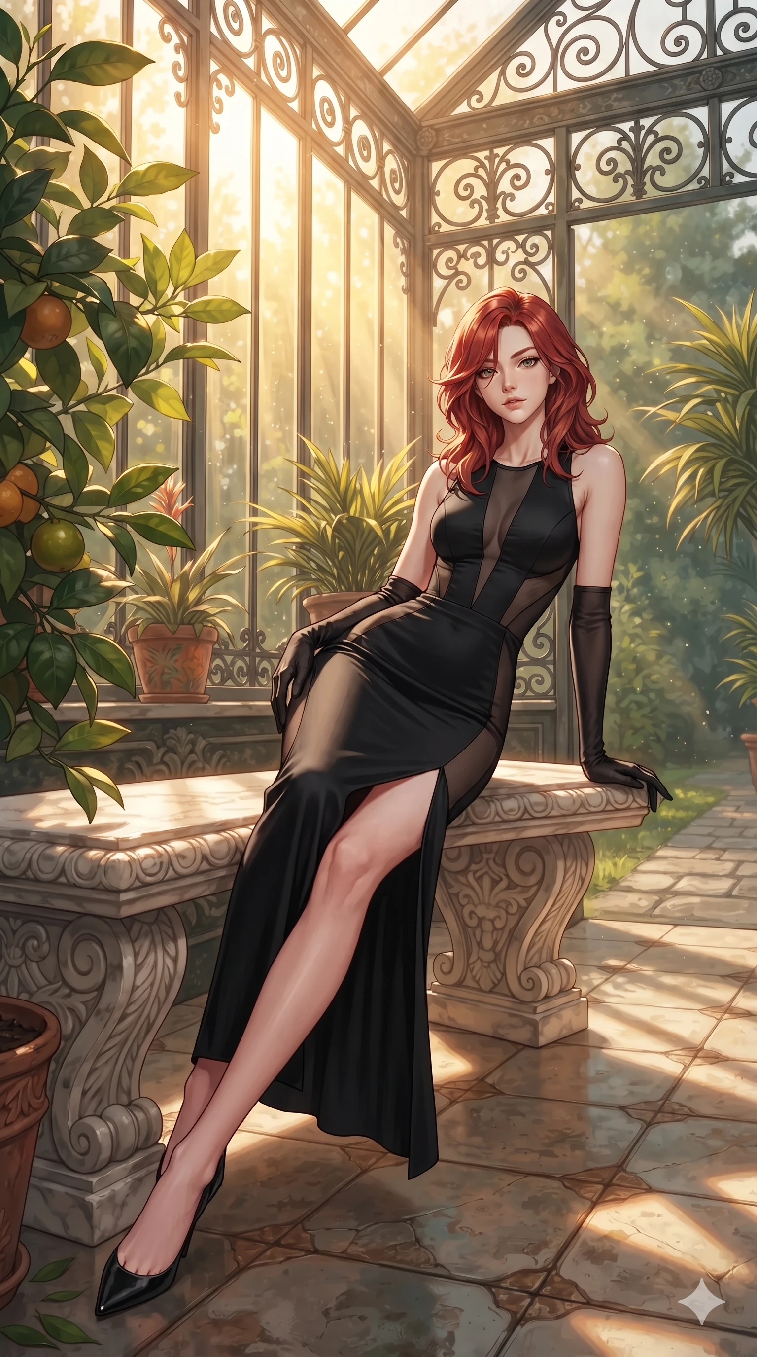 score_9, masterpiece, best quality, ultra-detailed, high-budget anime keyframe, editorial fashion photography, tasteful artistic composition, Korean woman. low angle full-body shot from head to toe showing her feet, filling the entire 9:16 vertical frame with her statuesque presence, stretching her vertical silhouette. reclining on her side in an elegant Cleopatra pose with one knee drawn up, the dramatic contour of her rounded hips and long slender legs commanding the 9:16 vertical frame while sitting gracefully on the carved marble bench with legs crossed, flashing an enchanting smile with parted glossy lips. The surrounding environment is rendered in vivid detail and crisp panoramic clarity: sharp marble bust facial carvings, waxy green citrus leaves, and crisp wrought-iron window frames in deep focus. She has an exceptionally tall and slender model-like 8.5-heads proportion, an ultra-slim waist, a flat toned midriff, narrow delicate ribcage, and beautifully sculpted feminine hips creating a graceful, slim hourglass silhouette without any bulky heaviness, with impossibly long slender legs. sharp v-shaped jawline, high-bridge nose, intricate jewel-like sparkling eyes with depth, thick eyelashes, glossy parted lips with a natural sheen, intensely captivating and seductive bedroom-eyes expression, exuding both youthful cute charm and sovereign luxury allure, flawlessly proportioned anatomical accuracy, strict slender model proportions, natural body alignment, perfectly sculpted long slender limbs, ultra-slim waistline, clean dynamic posture without body distortion. wearing a second-skin black silk jersey maxi dress with asymmetrical sheer mesh side panels tracing the full curve of her hip in charcoal grey and polished chrome, crafted from bespoke double-faced cashmere with an exceptionally soft tactile finish, complemented by sheer opera-length evening gloves tracing her slender arms, the form-contouring material adhering flawlessly to her sculpted flat midriff and slender torso, emphasizing her long leg lines and perfectly proportioned willowy build. bathed in the radiant, sun-drenched greenhouse light filtering through textured glass panes creating high-contrast dappled highlights. ultra-reflective glossy finish, specular highlights, rich textural contrasts, high-contrast stereoscopic depth, volumetric dynamic lighting, 2k, ultra detail, master piece, 9:16 ratio