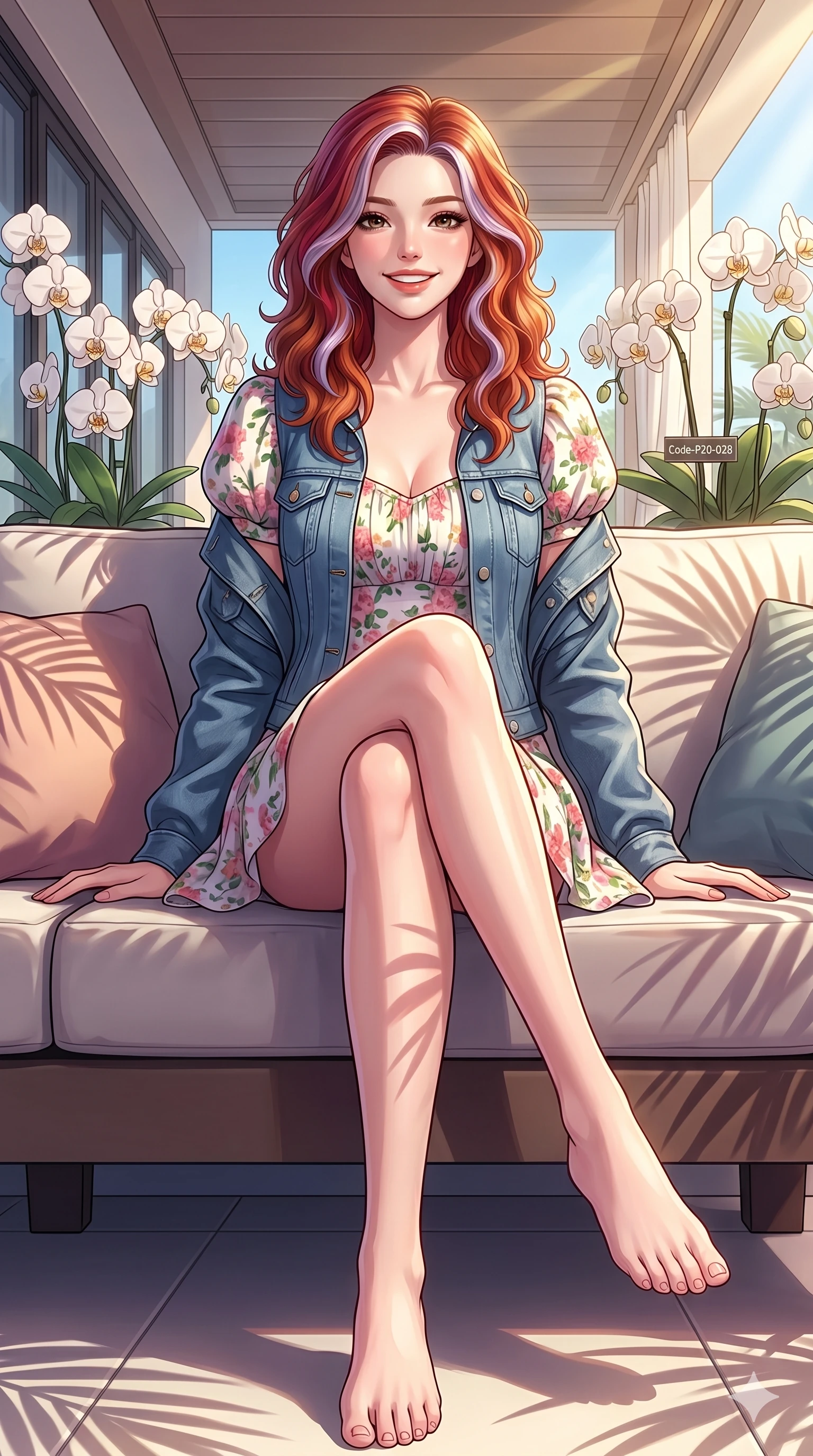 score_9, masterpiece, best quality, ultra-detailed, high-budget anime keyframe, vibrant anime aesthetic, Caucasian woman, strictly human ears. low angle full-body shot from head to toe showing her feet, filling the entire 9:16 vertical frame with her statuesque presence, stretching her vertical silhouette. She is sitting on the yacht deck, smiling brightly with a relaxed, happy expression on a private terrace of a luxury hotel suite decorated with white orchids in the sun (Code-P20-028). She has an absolutely perfect 8-heads proportion, an exceptionally tall and slender female figure with impossibly long slender legs and an ultra-slim waist. V-shaped jawline, high-bridge nose, intricate jewel-like eyes with depth, thick eyelashes, glossy lips with a natural sheen. wearing a spring floral dress with puff sleeves and denim jacket. She is drenched in brilliant afternoon sunshine, casting patterns of palm leaves over her. 2k, ultra detail, master piece, 9:16 ratio