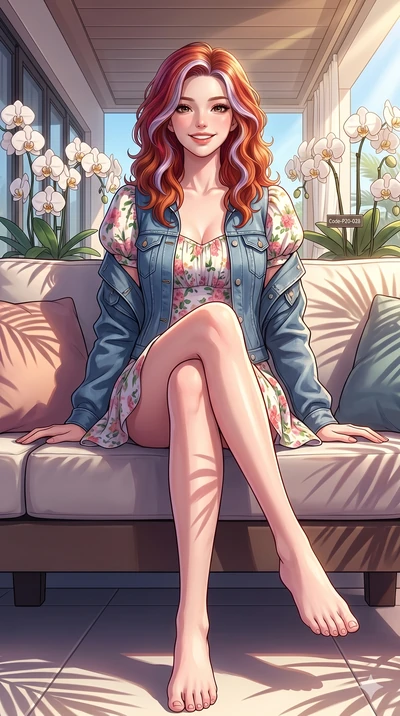 score_9, masterpiece, best quality, ultra-detailed, high-budget anime keyframe, vibrant anime aesthetic, Caucasian woman, strictly human ears. low angle full-body shot from head to toe showing her feet, filling the entire 9:16 vertical frame with her