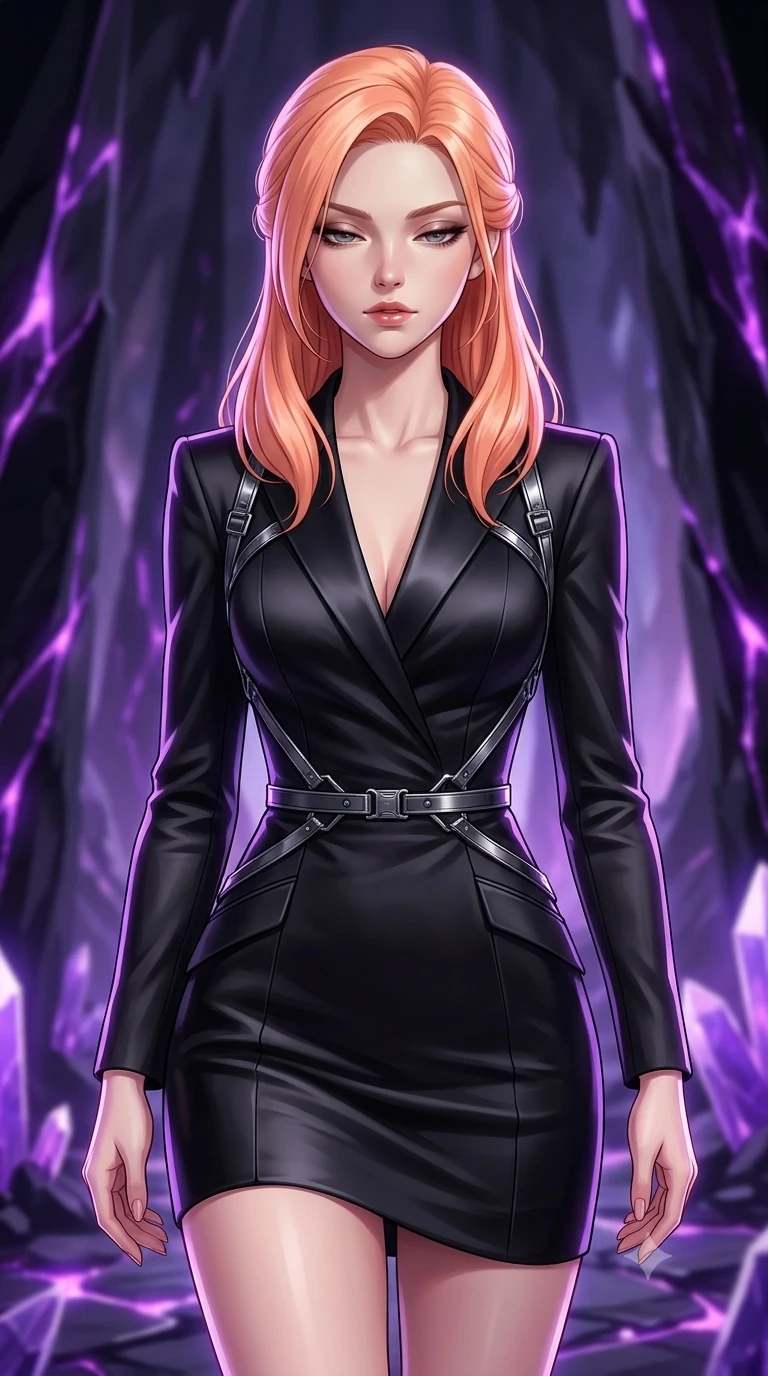 score_9, masterpiece, best quality, ultra-detailed, high-budget anime keyframe, semi-realistic 3D game render, editorial fashion photography, tasteful artistic composition, Japanese woman. close-up cowboy shot from the waist and thighs up, the character dominates the composition, filling the frame with her large presence. looking down with lowered lashes and a composed, powerful dark aura, her tailored outfit tracing her curves while navigating an obsidian needle monolith chamber illuminated by dark violet crystal veins, glowing amethyst veins in the obsidian walls casting an eerie inner glow. The background shows a soft-focus underground volcanic crystal cavern softened in otherworldly geological shallow focus. She has an exceptionally elegant, slender, and willowy female figure with an ultra-slim waist, flat toned midriff, narrow ribcage, and sculpted feminine hips creating an alluring, slim hourglass silhouette without bulk. sharp v-shaped jawline, high-bridge nose, intricate jewel-like dark sparkling eyes with hypnotic seductive depth, thick curled eyelashes, glossy parted lips with a natural wine sheen, alluring bedroom-eyes with an enigmatic smoldering smile, exuding magnetic sovereign charisma and dark avant-garde glamour, flawlessly proportioned anatomical accuracy, strict slender model proportions, natural body alignment, perfectly sculpted long slender limbs, ultra-slim waistline, clean dynamic posture without body distortion. wearing a tailored onyx black tux dress with silk lapels and fitted waist in liquid mercury chrome and smoky quartz, tailored from soft dark satin with subtle light-absorbing depth, highlighted by a gunmetal metallic harness structure, the bespoke structured tailoring following the natural line of her 8.5-heads silhouette with refined elegance. illuminated by crystalline floor bounce and sharp amethyst-violet rim lights defining her razor-sharp jawline, narrow waist, and curvy hips. highly saturated vibrant anime colors, detailed shading with soft gradients, rich glossy textures, high-contrast stereoscopic depth, volumetric dynamic lighting, master piece, 9:16 ratio