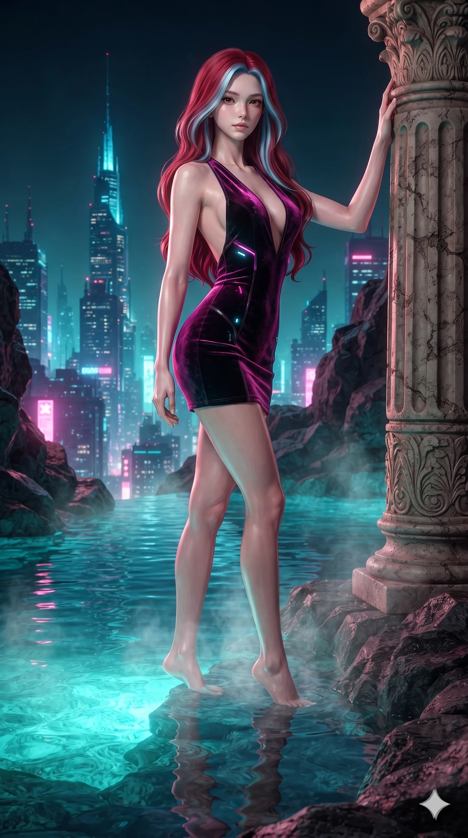 score_9, masterpiece, best quality, ultra-detailed, high-budget anime keyframe, editorial fashion photography, tasteful artistic composition, Caucasian woman. low angle full-body shot from head to toe showing her feet, filling the entire 9:16 vertical frame with her statuesque presence, stretching her vertical silhouette. standing tall beside the carved palazzo column, one hand resting high while arching her lower back to emphasize her sculpted feminine hips and slender waist while standing poised ankle-deep in the steaming mineral water at the edge of the infinity pool, arching her lower back with sovereign supermodel grace overlooking the neon metropolis. The surrounding environment is rendered in vivid detail and crisp panoramic clarity: sharp textured volcanic basalt rock edges, glistening water droplets on polished stone, and crisp skyline spires in deep focus. She has an exceptionally tall and slender model-like 8.5-heads proportion, an ultra-slim waist, a flat toned midriff, narrow delicate ribcage, and beautifully sculpted feminine hips creating a graceful, slim hourglass silhouette without any bulky heaviness, with impossibly long slender legs. sharp v-shaped jawline, high-bridge nose, intricate jewel-like sparkling eyes with depth, thick eyelashes, glossy parted lips with a natural sheen, intensely captivating and seductive bedroom-eyes expression, exuding both youthful cute charm and sovereign luxury allure, flawlessly proportioned anatomical accuracy, strict slender model proportions, natural body alignment, perfectly sculpted long slender limbs, ultra-slim waistline, clean dynamic posture without body distortion. wearing a backless crushed velvet mini dress with a deep plunging neckline and hip-high thigh slit in black lacquer and vibrant magenta neon, tailored from heavy double-faced silk georgette with an exceptionally fluid drape, finished with delicate crystal-encrusted thigh garter straps glinting in the dim light, the glove-like clinging cut tightly following the natural contour of her hips and long slender legs with youthful 8.5-heads elegance. bathed in the radiant underwater turquoise glow of the thermal pool mixed with ambient city neon from the surrounding skyline. ultra-reflective glossy finish, specular highlights, rich textural contrasts, high-contrast stereoscopic depth, volumetric dynamic lighting, 2k, ultra detail, master piece, 9:16 ratio