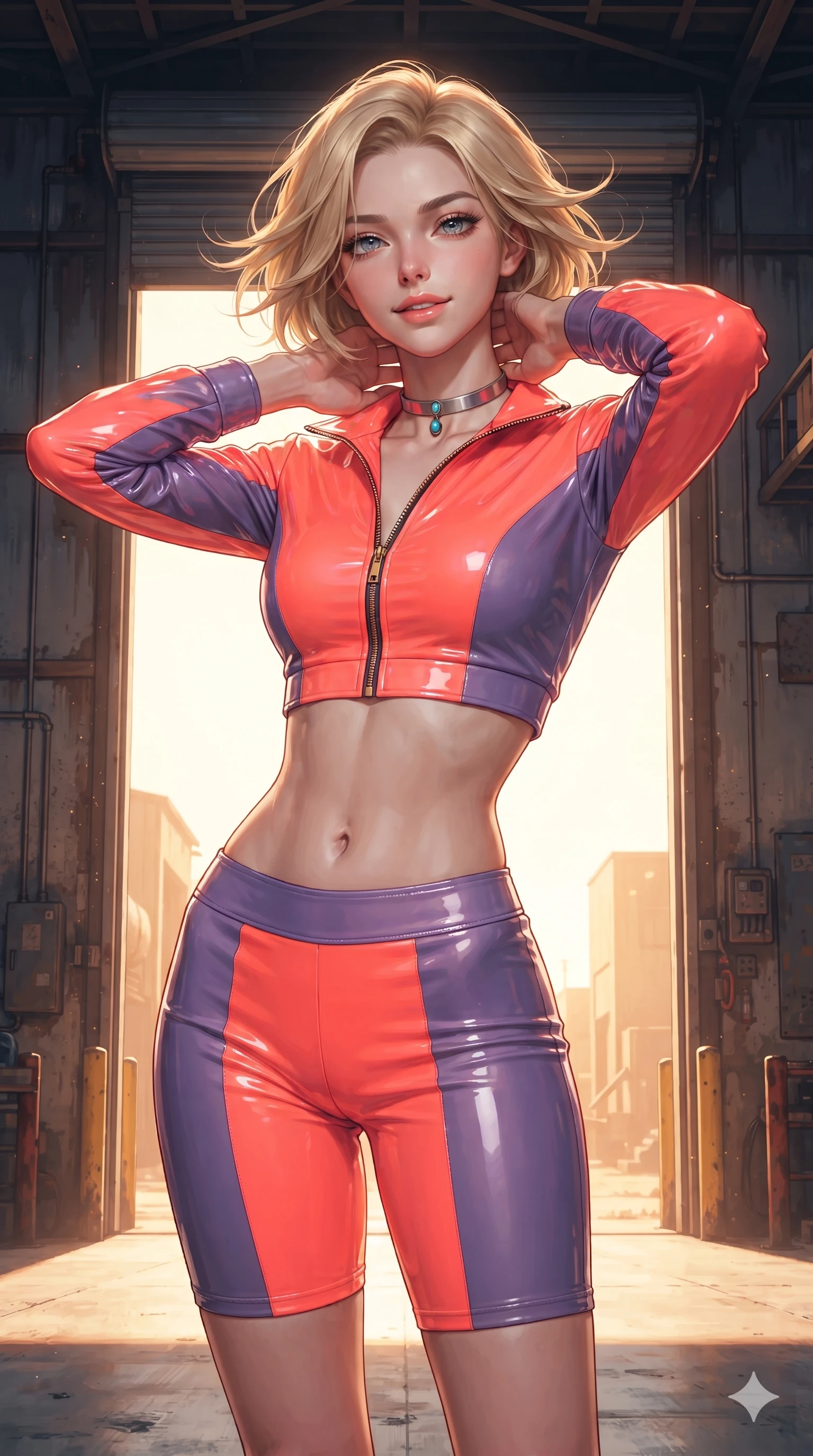 score_9, masterpiece, best quality, ultra-detailed, high-budget anime keyframe, editorial fashion photography, tasteful artistic composition, Caucasian woman. close-up cowboy shot from the waist and thighs up, the character dominates the composition, filling the frame with her large presence. resting both hands lightly behind her neck with elbows raised, arching her spine to highlight her narrow waist, flat midriff, and breathtaking collarbones while standing poised right at the threshold of the massive open warehouse roll-up door, arching her spine with supermodel poise as desert winds whip through her hair. The surrounding environment is rendered in vivid detail and crisp panoramic clarity: detailed two-piece desert outlaw set tailoring, brass zipper hardware, and rugged industrial architecture in razor-sharp precision. She has an exceptionally elegant, slender, and willowy female figure with an ultra-slim waist, flat toned midriff, narrow ribcage, and sculpted feminine hips creating an alluring, slim hourglass silhouette without bulk. sharp v-shaped jawline, high-bridge nose, sparkling eyes with hypnotic seductive depth, thick curled eyelashes, glossy parted lips with a natural dewy peach sheen, alluring bedroom-eyes with an enchanting coquettish smile, exuding magnetic siren charisma and sophisticated glamour, flawlessly proportioned anatomical accuracy, strict slender model proportions, natural body alignment, perfectly sculpted long slender limbs, ultra-slim waistline, clean dynamic posture without body distortion. wearing a modern two-piece desert outlaw set featuring a zip-front crop jacket and curve-hugging low-rise biker shorts in blazing neon coral and desert twilight violet, crafted from wet-look high-gloss vinyl fabric with dazzling specular surface reflections, finished with a minimalist chrome choker and a single turquoise stone pendant, the bespoke structured tailoring following the natural line of her 8.5-heads silhouette with refined elegance. bathed in the extreme chiaroscuro contrast of cool deep indoor shadow and explosive 4000K golden desert sunlight flooding through the doorway. ultra-reflective glossy finish, specular highlights, rich textural contrasts, high-contrast stereoscopic depth, volumetric dynamic lighting, 2k, ultra detail, master piece, 9:16 ratio