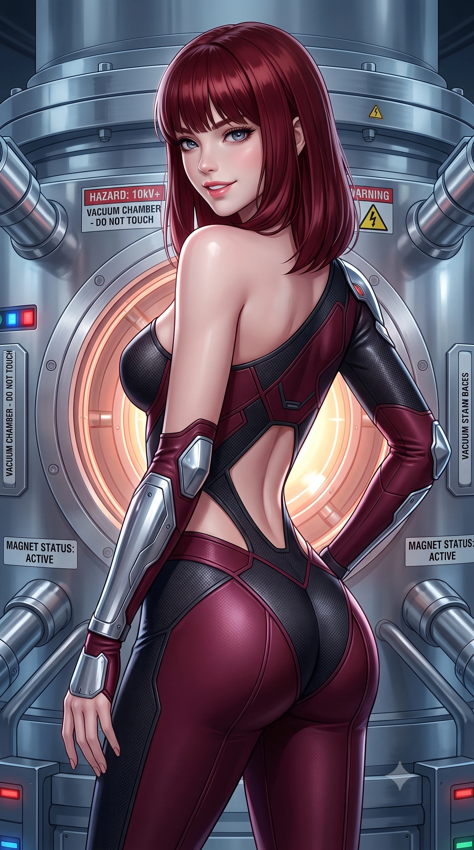 score_9, masterpiece, best quality, ultra-detailed, high-budget anime keyframe, semi-realistic 3D game render, editorial fashion photography, tasteful artistic composition, Caucasian woman. close-up cowboy shot from the waist and thighs up, the character dominates the composition, filling the frame with her large presence. posing in an alluring rear three-quarter angle, turning over a bare shoulder with an intoxicating gaze, her hips cocked back to highlight her slim hourglass curve against the glowing reactor while twisting her slender torso in an alluring contrapposto stance, subatomic Cherenkov radiation glows tracing her narrow waist and hips. The surrounding environment is rendered in vivid detail and crisp panoramic clarity: sharp cryogenic magnet casing welds, high-voltage warning labels, and polished stainless steel vacuum chamber clarity in deep focus. She has an exceptionally elegant, slender, and willowy female figure with an ultra-slim waist, flat toned midriff, narrow ribcage, and sculpted feminine hips creating an alluring, slim hourglass silhouette without bulk. sharp v-shaped jawline, high-bridge nose, intricate jewel-like sparkling eyes with depth, thick eyelashes, glossy parted lips with a natural sheen, bright confident smile with an enchanting and coquettish sensual glint, exuding both youthful magnetic charm and sovereign high-tech allure, flawlessly proportioned anatomical accuracy, strict slender model proportions, natural body alignment, perfectly sculpted long slender limbs, ultra-slim waistline, clean dynamic posture without body distortion. wearing an asymmetric one-shoulder combat catsuit with carbon-weave paneling and an open-waist architecture emphasizing her hips in deep wine crimson and dark carbon weave, formed from supple thermal silicone composite adhering seamlessly like a second skin, accented with strategically placed chrome armor plate guards covering key curves, the form-fitting tactical tailoring adhering flawlessly to her sculpted flat midriff and slender torso, emphasizing her long leg lines and perfectly proportioned willowy build. illuminated by instrument status LEDs and sharp platinum rim lights carving her razor-sharp jawline, narrow waist, and curvy hips. highly saturated vibrant anime colors, detailed shading with soft gradients, rich glossy textures, high-contrast stereoscopic depth, volumetric dynamic lighting, master piece, 9:16 ratio