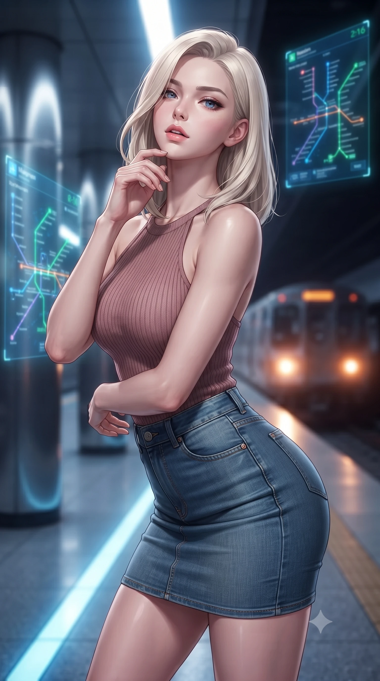 score_9, masterpiece, best quality, ultra-detailed, high-budget anime keyframe, editorial fashion photography, tasteful artistic composition, Caucasian woman. close-up cowboy shot from the waist and thighs up, the character dominates the composition, filling the frame with her large presence, background elements kept in soft focus. tilting her chin up slightly with lips parted in a composed, provocative expression the background shows a soft-focus a high-speed quantum transit station with glowing hologram route maps and sleek steel pillars. She has an exceptionally elegant, slender, and willowy female figure with an ultra-slim waist, a gracefully sculpted slender torso, and a refined silhouette. sharp v-shaped jawline, high-bridge nose, intricate jewel-like eyes with depth, thick eyelashes, glossy lips with a natural sheen. wearing a form-contouring form-fitting ribbed knit halter top in dusty rose, paired with a tight-fitting denim skirt. cool blue floor strip lighting contrasting with warm orange train headlights. ultra-reflective glossy finish, specular highlights, metallic sheen, high-contrast stereoscopic depth, volumetric dynamic lighting, 2k, ultra detail, master piece, 9:16 ratio