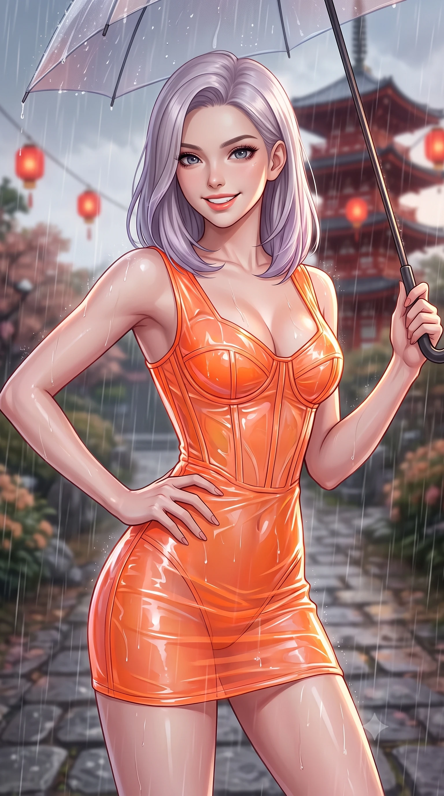 score_9, masterpiece, best quality, ultra-detailed, high-budget anime keyframe, editorial fashion photography, tasteful artistic composition, Caucasian woman, strictly human ears. close-up cowboy shot from the waist and thighs up, the character dominates the composition, filling the frame with her large presence, background elements kept in soft focus. Casting a bright, energetic glance toward the camera with a cheerful grin. set against a soft-focus background of on a stone path of a garden during a heavy warm summer rain shower, looking at a tall red wooden pagoda with floating red paper lanterns. She has an exceptionally elegant, slender, and willowy female figure with a highly-defined ultra-slim waist, a gracefully sculpted slender torso, and a refined slim-fit silhouette that contours her form. sharp v-shaped jawline, high-bridge nose, intricate jewel-like eyes with depth, thick eyelashes, glossy lips with a natural sheen. wearing a wet-look transparent finish mini dress in neon orange, with a visible corset interior structure. soft glowing ambient light with sharp side key light tracing the sleek contours of her figure. 2k, ultra detail, master piece, 9:16 ratio