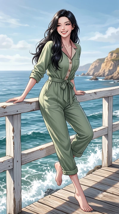 score_9, masterpiece, best quality, ultra-detailed, high-budget anime keyframe, semi-realistic 3D game render, editorial fashion photography, tasteful artistic composition, Korean woman. low angle full-body shot from head to toe showing her feet, fil