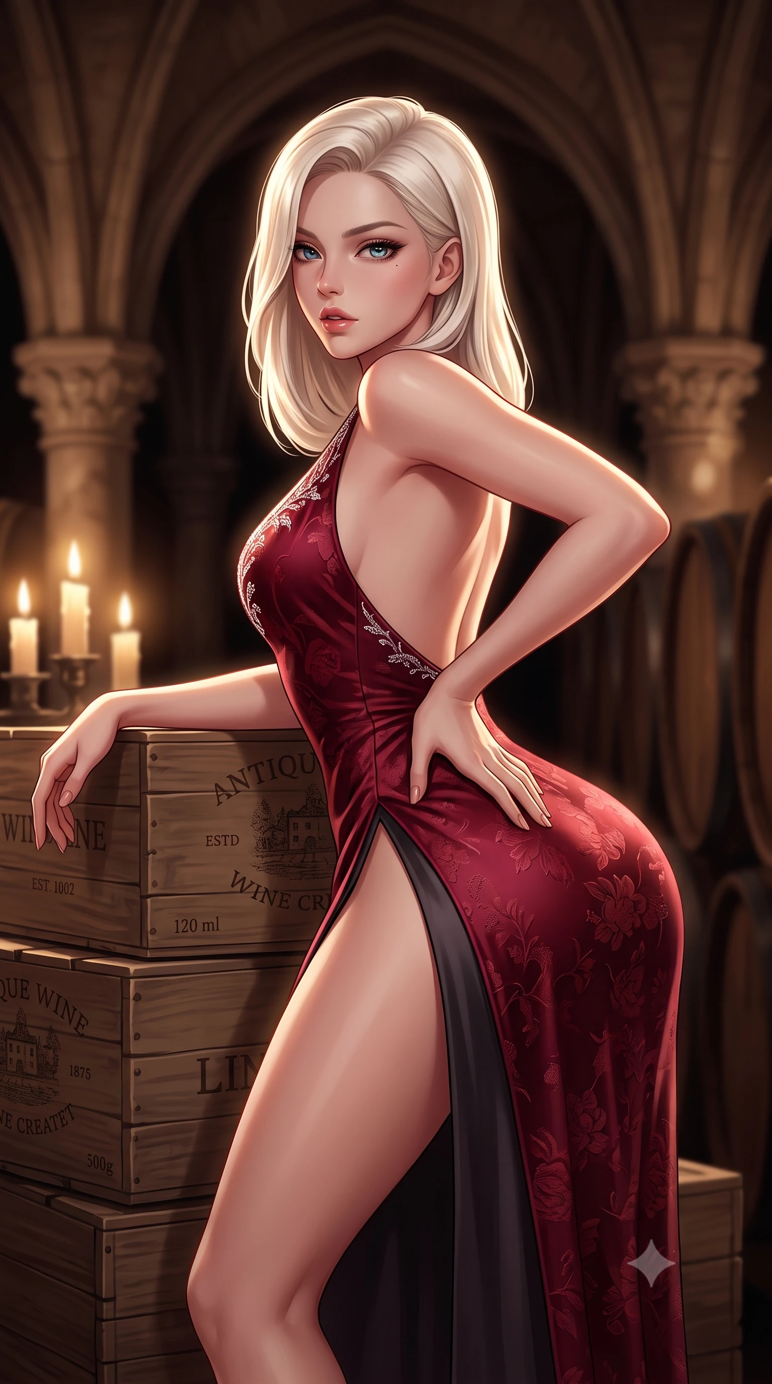 score_9, masterpiece, best quality, ultra-detailed, high-budget anime keyframe, semi-realistic 3D game render, editorial fashion photography, tasteful artistic composition, Caucasian woman. close-up cowboy shot from the waist and thighs up, the character dominates the composition, filling the frame with her large presence. posing in an alluring rear three-quarter angle, arching her lower back in a pronounced S-curve with one hand on her hip, glancing seductively over her bare shoulder with parted glossy lips while reclining languidly atop stacked antique wine crates propped on one elbow, her curvy hips and long slender legs creating a breathtaking line in the candlelit cellar. The composition keeps background elements in soft focus with creamy bokeh. towering carved limestone vaults and heavy oak cask silhouettes softened in atmospheric shallow focus. She has an exceptionally elegant, slender, and willowy female figure with an ultra-slim waist, a gracefully sculpted slender torso, toned flat midriff, and rounded feminine hips creating an alluring hourglass silhouette. sharp v-shaped jawline, high-bridge nose, intricate jewel-like eyes with depth, thick eyelashes, glossy parted lips with a natural sheen, intensely captivating and seductive bedroom-eyes expression, flawlessly proportioned anatomical accuracy, strict slender model proportions, natural body alignment, perfectly sculpted long slender limbs, ultra-slim waistline, clean dynamic posture without body distortion. wearing a plunging-V neckline wine-red duchess satin gown with high side slits ascending to the high hip in rich Cabernet wine red and dark smoky charcoal, made of rich textured floral silk jacquard with subtle gold thread, finished with delicate crystal frost embroidery tracing the plunging neckline, the glove-like aerodynamic silhouette tightly following the natural contour of her hips and long slender legs with statuesque precision. illuminated by rich specular rim lights defining her razor-sharp jawline, narrow waist, and curvy hips. highly saturated vibrant anime colors, detailed shading with soft gradients, rich glossy textures, high-contrast stereoscopic depth, volumetric dynamic lighting, master piece, 9:16 ratio