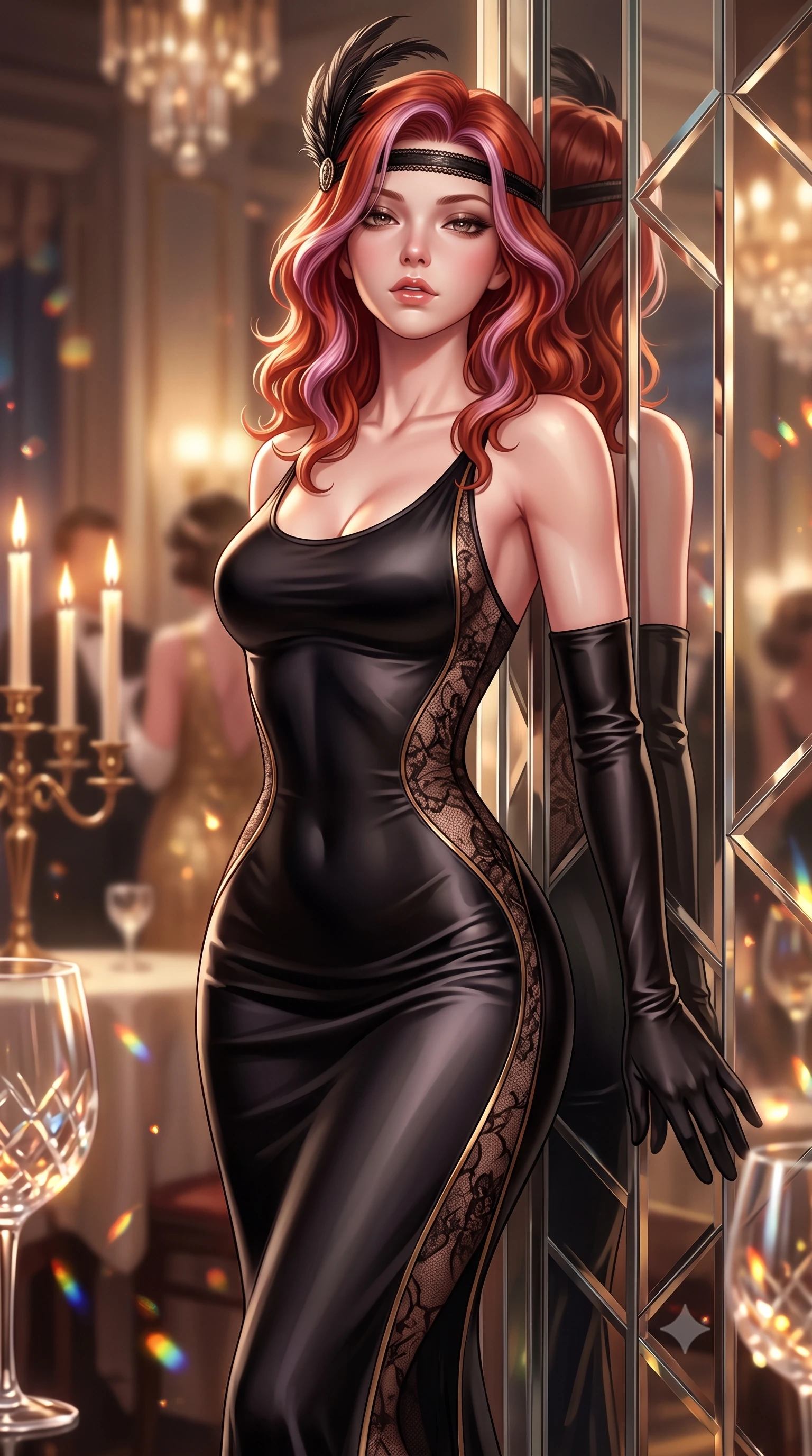 score_9, masterpiece, best quality, ultra-detailed, high-budget anime keyframe, semi-realistic 3D game render, editorial fashion photography, tasteful artistic composition, Caucasian woman. close-up cowboy shot from the waist and thighs up, the character dominates the composition, filling the frame with her large presence. leaning back with relaxed seductive grace, her sculpted collarbones and narrow waist highlighted as she casts smoldering bedroom-eyes directly into the camera while leaning back against a mirrored art deco column with hips cocked, casting a smoky, seductive bedroom-gaze past the camera. The composition keeps background elements in soft focus with creamy bokeh. flickering candelabra flames and cut crystal glass refractions scattering warm decadent light motes. She has an exceptionally elegant, slender, and willowy female figure with an ultra-slim waist, a gracefully sculpted slender torso, toned flat midriff, and rounded feminine hips creating an alluring hourglass silhouette. sharp v-shaped jawline, high-bridge nose, intricate jewel-like eyes with depth, thick eyelashes, glossy parted lips with a natural sheen, intensely captivating and seductive bedroom-eyes expression, flawlessly proportioned anatomical accuracy, strict slender model proportions, natural body alignment, perfectly sculpted long slender limbs, ultra-slim waistline, clean dynamic posture without body distortion. wearing a second-skin black silk jersey flapper gown with sheer lace side panels tracing her curves in high-contrast black and molten brass, tailored from ultra-smooth duchess satin with a pearlescent sheen, accessorized with opera-length black satin gloves and a feathered art deco headband, the liquid-tight tailored fabric clinging flawlessly to her narrow waist and rounded feminine hips, emphasizing every millimeter of her sculpted hourglass curves during movement. surrounded by an opulent, scandalous, and irresistibly intoxicating jazz-age siren aura. highly saturated vibrant anime colors, detailed shading with soft gradients, rich glossy textures, high-contrast stereoscopic depth, volumetric dynamic lighting, master piece, 9:16 ratio