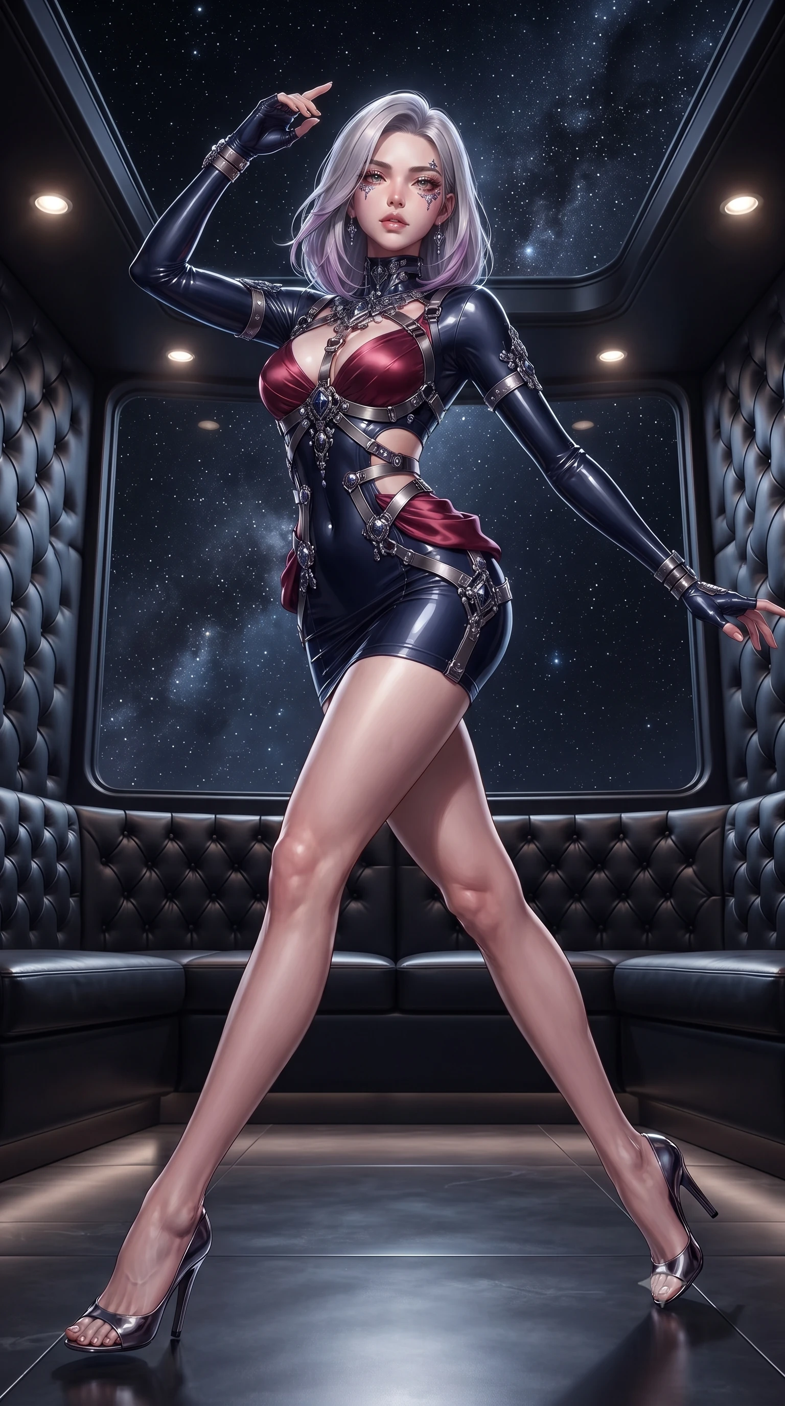 score_9, masterpiece, best quality, ultra-detailed, high-budget anime keyframe, editorial fashion photography, tasteful artistic composition, Caucasian woman. low angle full-body shot from head to toe showing her feet, filling the entire 9:16 vertical frame with her statuesque presence, stretching her vertical silhouette. leaping dynamically through the starry space, her posture full of power and elegance, standing in a private high-fashion lounge with dark padded leather walls, sculpted athletic silhouette emphasized by precision form-fitting cuts. She has an absolutely perfect, statuesque 8.5-heads proportion, an exceptionally tall and slender model-like female figure with impossibly long slender legs and an ultra-slim waist. sharp v-shaped jawline, high-bridge nose, intricate jewel-like eyes with depth, thick eyelashes, glossy lips with a natural sheen. wearing glove-like fit dark navy latex bodycon mini dress in metallic dark silver, made of soft crimson satin, highlighted by a gunmetal metallic harness structure, accentuating her gracefully sculpted slender torso. lit by dramatic spotlighting highlighting her athletic contours. ultra-reflective glossy finish, specular highlights, metallic sheen, high-contrast stereoscopic depth, volumetric dynamic lighting, 2k, ultra detail, master piece, 9:16 ratio