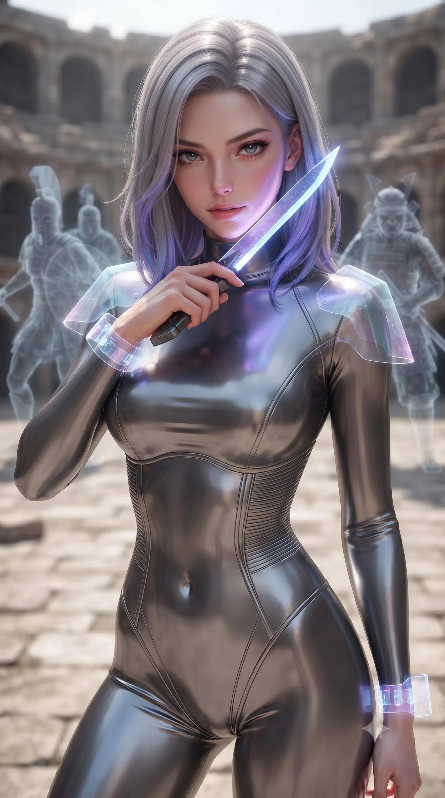 score_9, masterpiece, best quality, ultra-detailed, high-budget anime keyframe, editorial fashion photography, tasteful artistic composition, Caucasian woman. close-up cowboy shot from the waist and thighs up, the character dominates the composition, filling the frame with her large presence, background elements kept in soft focus. pressing the flat side of a glowing vibro-blade against her cheek, locking eyes with the viewer with bedroom-eyes, the background shows a soft-focus an ancient arena where phantom echoes of historical warriors replay in loops. She has an exceptionally elegant, slender, and willowy female figure with an ultra-slim waist, a gracefully sculpted slender torso, and a refined silhouette. sharp v-shaped jawline, high-bridge nose, intricate jewel-like eyes with depth, thick eyelashes, glossy lips with a natural sheen. wearing a form-contouring body-hugging titanium-sheen mock-neck bodysuit, featuring elastic compression panels at the waist. translucent holographic projections casting pale blue and violet highlights. ultra-reflective glossy finish, specular highlights, metallic sheen, high-contrast stereoscopic depth, volumetric dynamic lighting, 2k, ultra detail, master piece, 9:16 ratio
