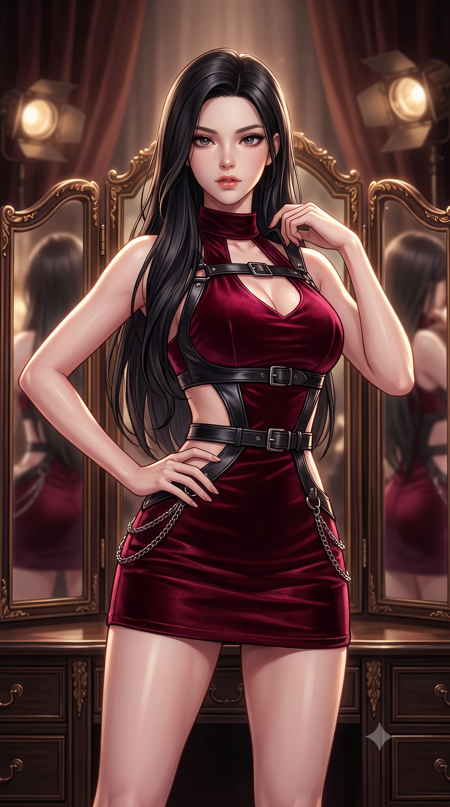 score_9, masterpiece, best quality, ultra-detailed, high-budget anime keyframe, editorial fashion photography, tasteful artistic composition, Korean woman. close-up cowboy shot from the waist and thighs up, the character dominates the composition, filling the frame with her large presence, background elements kept in soft focus. Holding a confident power pose with one hand on her hip, adjusting her outfit before an antique trifold dressing mirror, sharp v-shaped jawline and glossy lips glinting under key studio rays. She has an exceptionally elegant, slender, and willowy female figure with an ultra-slim waist, a gracefully sculpted slender torso, and a refined silhouette. sharp v-shaped jawline, high-bridge nose, intricate jewel-like eyes with depth, thick eyelashes, glossy lips with a natural sheen. wearing dramatic architectural open-waist cutout mini dress in dark velvet framed by chrome hardware in deep crimson burgundy, made of polished black leather, framed by dark titanium buckles and silver chain details, sculpting her athletic slender build with refined precision. surrounded by a warm glamorous glow with deep shadowy background contrast. highly saturated vibrant anime colors, detailed shading with soft gradients, rich glossy textures, high-contrast stereoscopic depth, volumetric dynamic lighting, master piece, 9:16 ratio