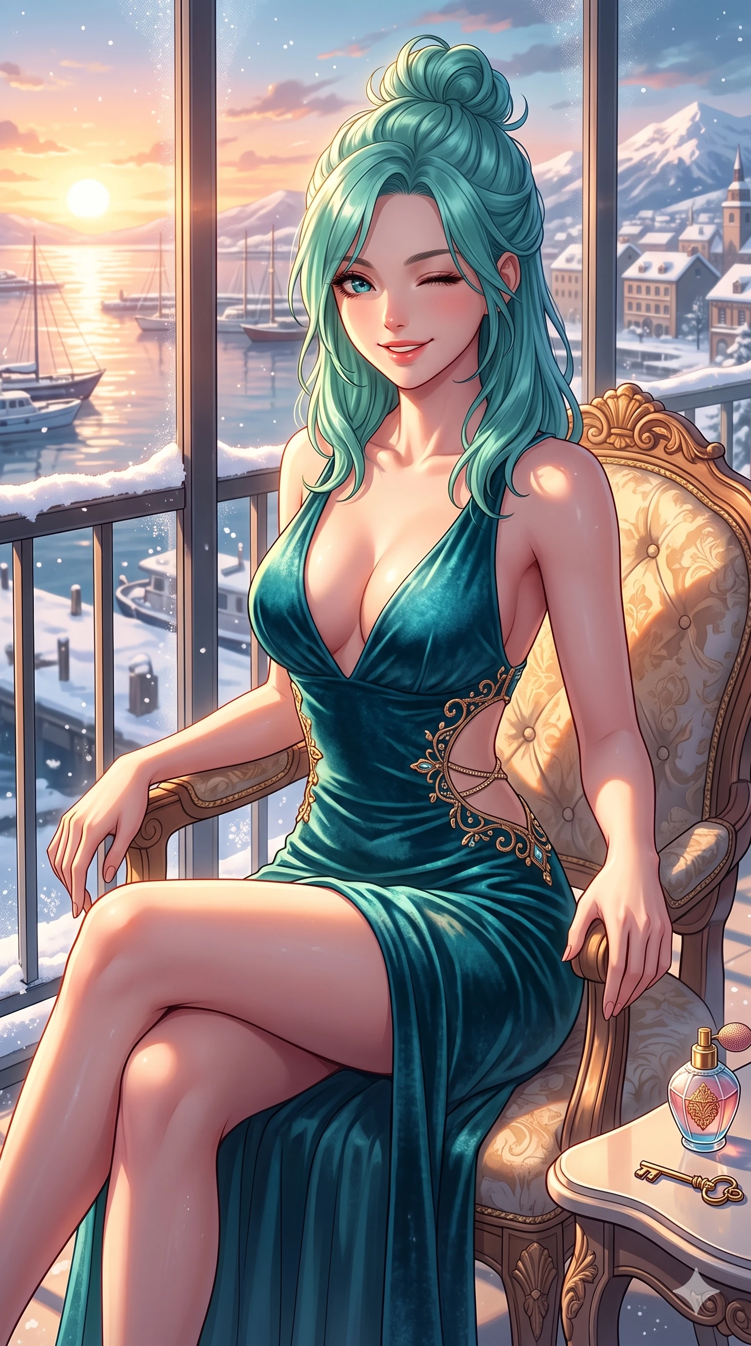 score_9, masterpiece, best quality, ultra-detailed, high-budget anime keyframe, vibrant anime aesthetic, Japanese woman. cowboy shot from the thighs up, character and outfit filling the frame for maximum presence. She is sitting in a sunlit chair, winking with a cheerful and sensual winter smile on a glass-walled balcony showing a snowy harbor (Code-P21-105). She has an absolutely perfect 8-heads proportion, an exceptionally tall and slender female figure with impossibly long slender legs and an ultra-slim waist. V-shaped jawline, high-bridge nose, intricate jewel-like eyes with depth, thick eyelashes, glossy lips with a natural sheen. wearing a plunging neckline dress with side cutouts in velvet. She is bathed in warm golden hour winter sunset light, casting long shadows across her form. 2k, ultra detail, master piece, 9:16 ratio