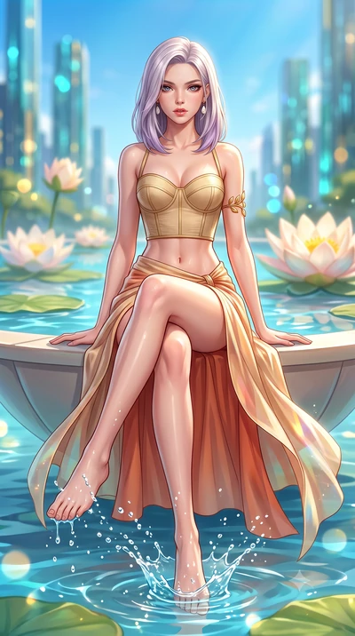 score_9, masterpiece, best quality, ultra-detailed, high-budget anime keyframe, semi-realistic 3D game render, editorial fashion photography, tasteful artistic composition, Caucasian woman. low angle full-body shot from head to toe showing her feet, 