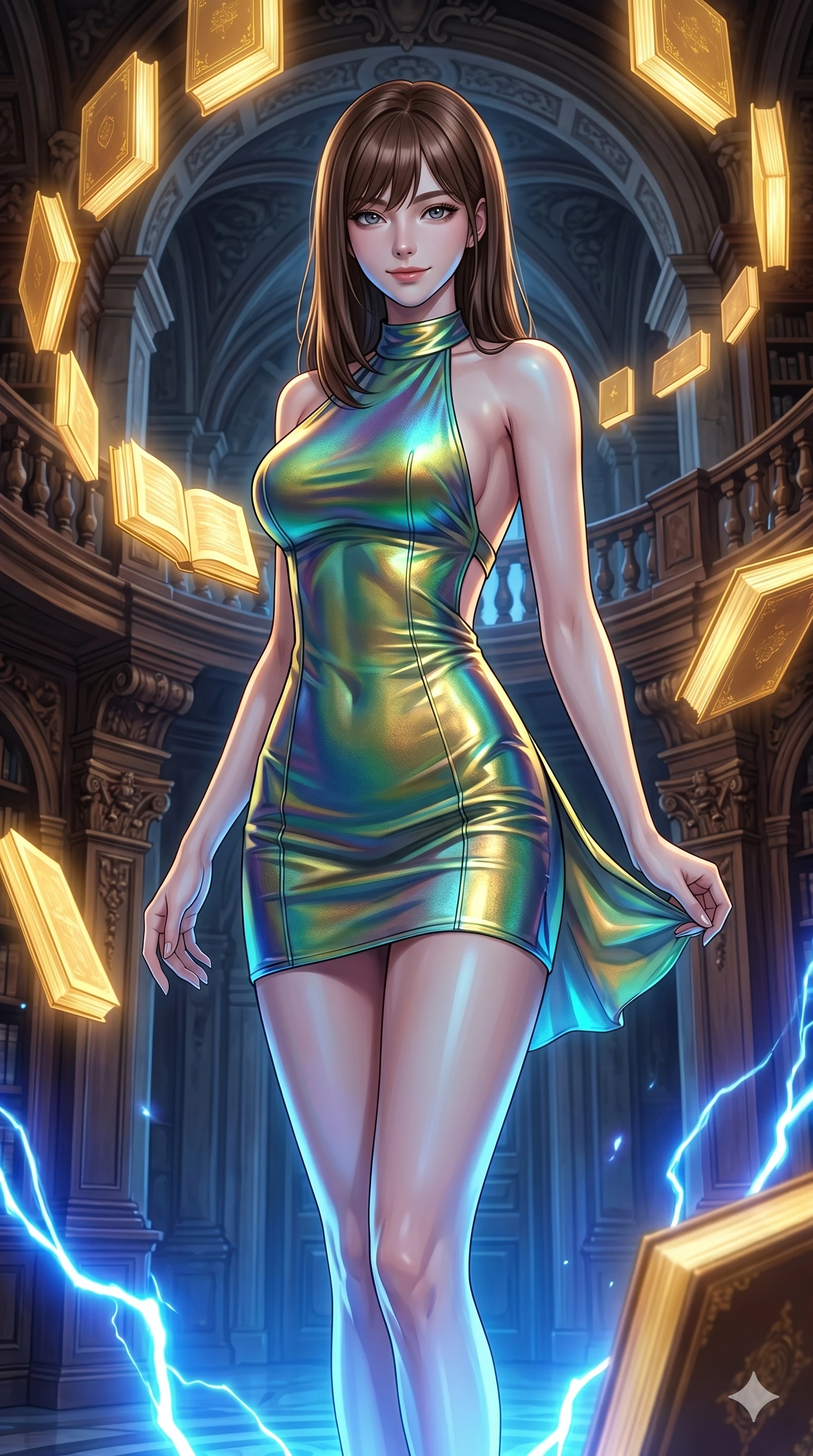 score_9, masterpiece, best quality, ultra-detailed, high-budget anime keyframe, editorial fashion photography, tasteful artistic composition, Korean woman. cowboy shot from the thighs up, character and outfit filling the frame for maximum editorial presence. Smiling with quiet, magnetic self-assurance directly into the camera amidst a baroque library where glowing golden books orbit in slow spiral patterns. She has an absolutely perfect 8-heads proportion, an exceptionally tall and slender female figure with impossibly long slender legs and an ultra-slim waist. V-shaped jawline, high-bridge nose, intricate jewel-like eyes with depth, thick eyelashes, glossy lips with a natural sheen. wearing an iridescent color-shifting halter-neck mini dress with a structured open-back, a precision-fitted form-contouring body and an elevated hemline at the upper thigh. highlighted by pulsing electric blue plasma arc lighting from below, casting dramatic upward shadows. 2k, ultra detail, master piece, 9:16 ratio