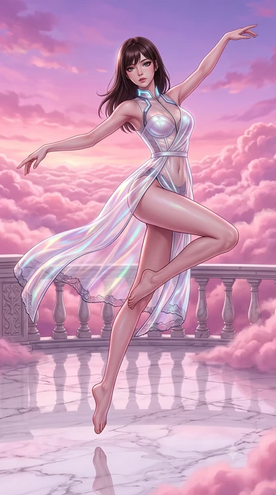 score_9, masterpiece, best quality, ultra-detailed, high-budget anime keyframe, semi-realistic 3D game render, editorial fashion photography, tasteful artistic composition, Korean woman. low angle full-body shot from head to toe showing her feet, fil