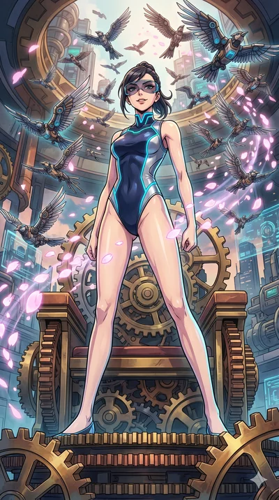 score_9, masterpiece, best quality, ultra-detailed, Set A: High-budget Anime Keyframe, Japanese woman. Low angle cowboy shot filling the entire 9:16 frame with her statuesque presence. Standing victoriously through a throne of gears, surrounded by a 