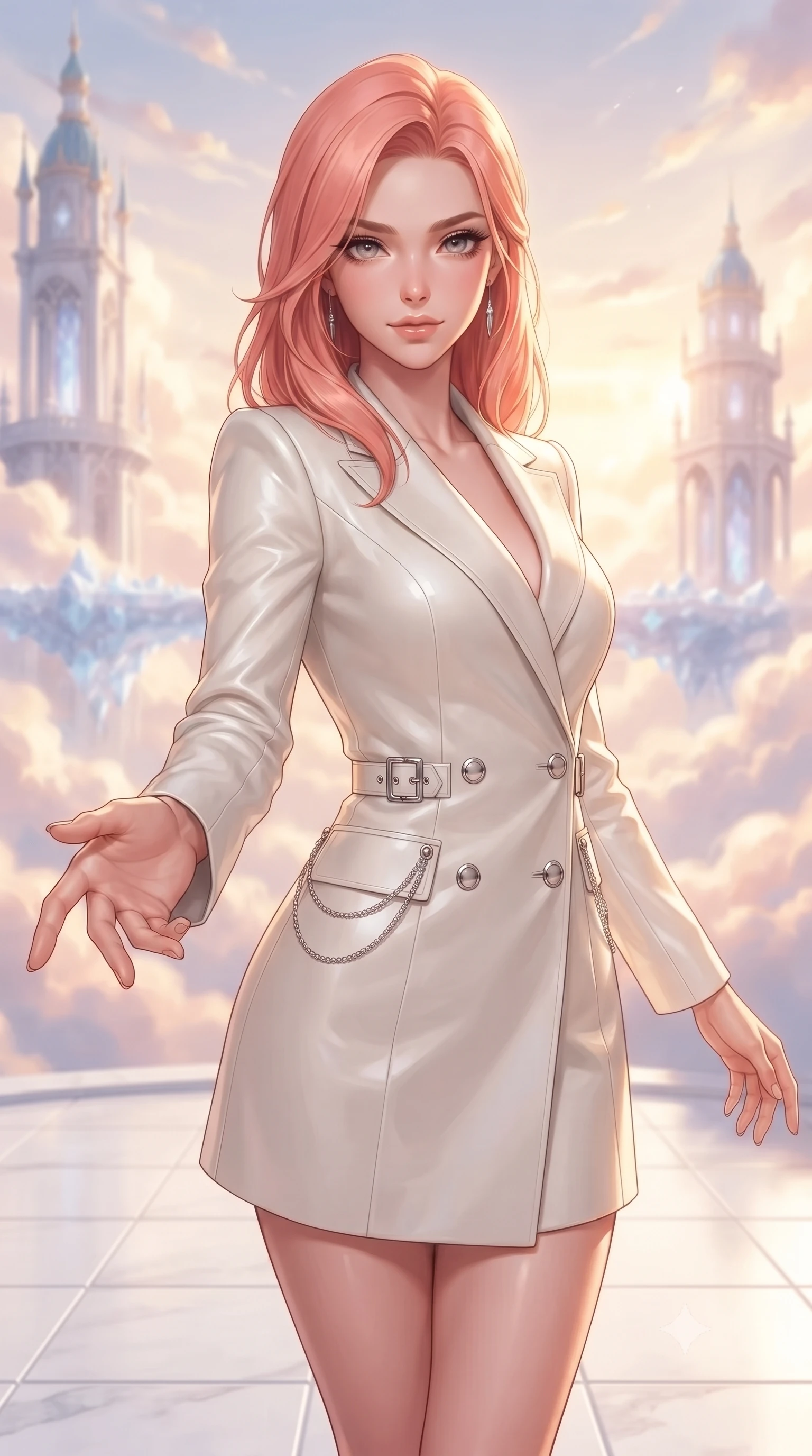 score_9, masterpiece, best quality, ultra-detailed, high-budget anime keyframe, editorial fashion photography, tasteful artistic composition, Japanese woman. close-up cowboy shot from the waist and thighs up, the character dominates the composition, filling the frame with her large presence, background elements kept in soft focus. Reaching one hand toward the viewer with relaxed elegance, stepping along a crystalline cloud bridge connecting two sky towers, white marble terrace creating a crisp architectural ground plane. She has an exceptionally elegant, slender, and willowy female figure with an ultra-slim waist, a gracefully sculpted slender torso, and a refined silhouette. sharp v-shaped jawline, high-bridge nose, intricate jewel-like eyes with depth, thick eyelashes, glossy lips with a natural sheen. wearing tailored double-breasted opal white blazer dress in metallic silver, made of polished ivory leather, framed by polished silver buckles and delicate chain details, following her slender form with tailored precision. bathed in warm golden sunrise beams filtering through soft rose clouds. highly saturated vibrant anime colors, detailed shading with soft gradients, rich glossy textures, high-contrast stereoscopic depth, volumetric dynamic lighting, master piece, 9:16 ratio