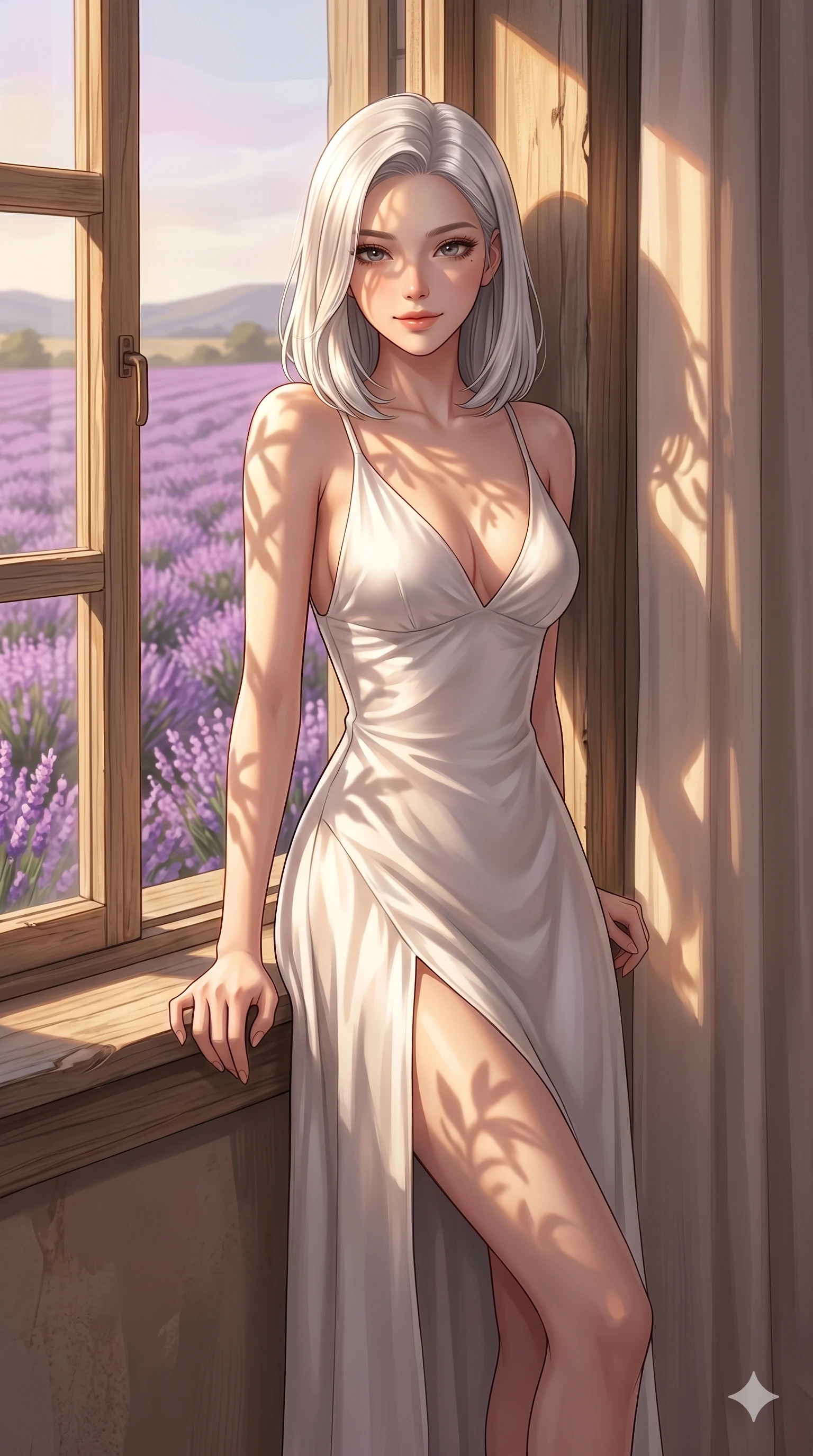 score_9, masterpiece, best quality, ultra-detailed, high-budget anime keyframe, editorial fashion photography, tasteful artistic composition, Korean woman. cowboy shot from the thighs up, character and outfit filling the frame for maximum editorial presence. leaning against the wooden window frame, looking at the viewer with a soft, inviting smile inside a sun-washed private bedroom overlooking a field of lavender (Code-P16-037). She has an absolutely perfect 8-heads proportion, an exceptionally tall and slender female figure with impossibly long slender legs and an ultra-slim waist. V-shaped jawline, high-bridge nose, intricate jewel-like eyes with depth, thick eyelashes, glossy lips with a natural sheen. wearing a white silk slip dress with a plunging V-neckline and a high side slit to mid-thigh. bathed in warm, golden afternoon sunbeams, casting soft organic leaf shadows on her skin. 2k, ultra detail, master piece, 9:16 ratio