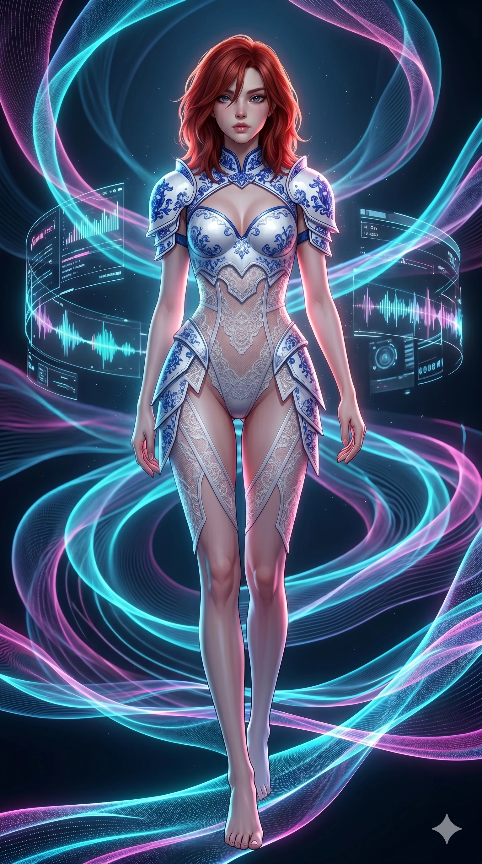 score_9, masterpiece, best quality, ultra-detailed, high-budget anime keyframe, Korean woman. low angle full-body shot filling the entire 9:16 frame with her statuesque presence, stretching the vertical silhouette. stepping on holographic fluid ribbons of sound that ripple with cyan and magenta light in a dark virtual void. She has an absolutely perfect 8-heads proportion, an exceptionally tall and slender female figure with impossibly long slender legs and an ultra-slim waist. V-shaped jawline, high-bridge nose, intricate jewel-like eyes with depth, thick eyelashes, glossy lips with a natural sheen.. wearing a porcelain and lace armor fusion, featuring a white hard shoulder plate with blue porcelain patterns and a sheer white lace corset bodysuit with an alluring high-leg cut. illuminated by dramatic chiaroscuro casting soft shadows along her curves, with vibrant backlighting highlighting the dust particles. 2k, ultra detail, master piece, 9:16 ratio