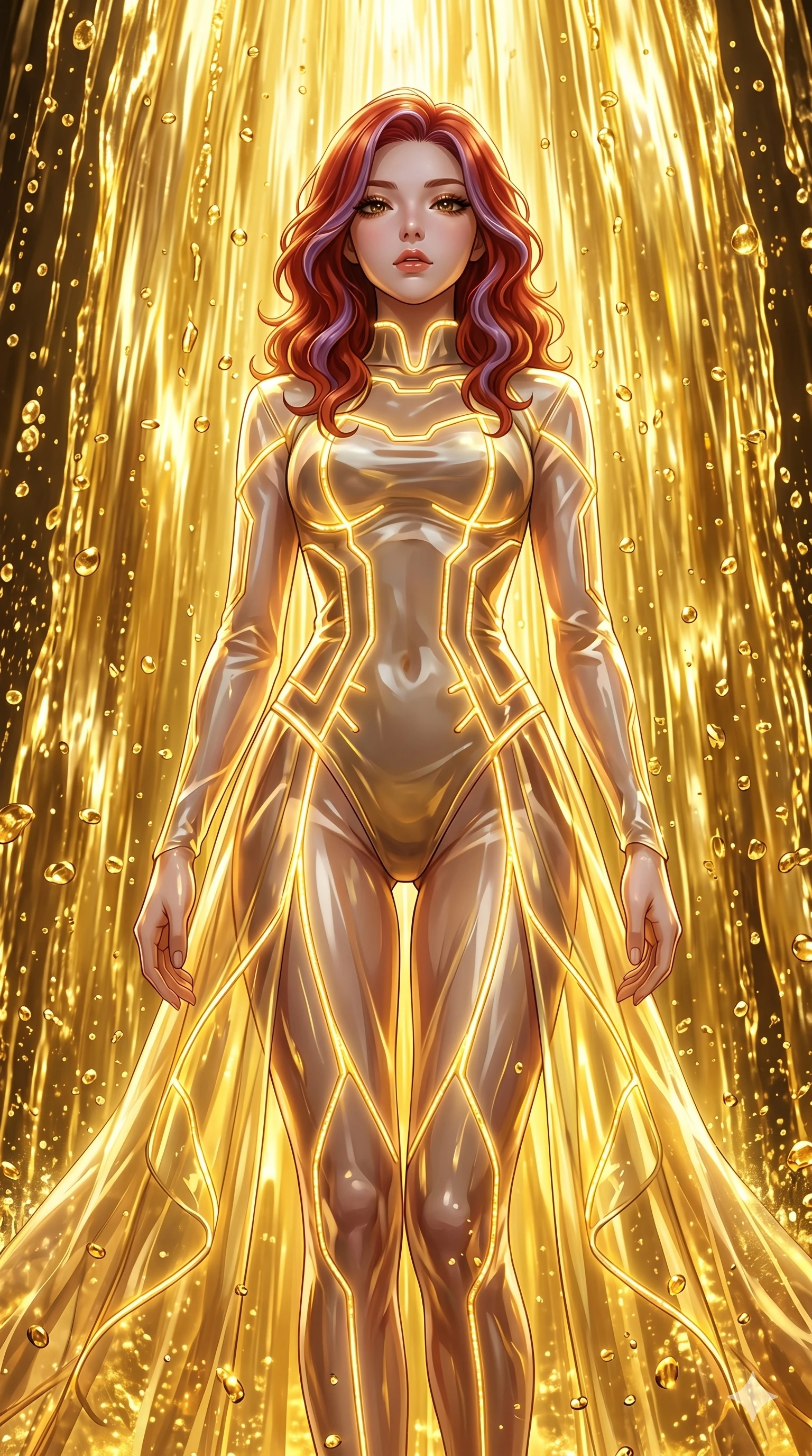 score_9, masterpiece, best quality, ultra-detailed, High-budget Anime Keyframe, East Asian woman. Low angle cowboy shot filling the entire 9:16 frame with her statuesque presence. Scenario 9: Standing under a waterfall of liquid gold, the artistic light reflections on her silhouette. Her presence is magnetic and overpowering in this high-budget anime scene. Outfit 9: A translucent organza translucent with a elegant high-fashion silhouette and glowing LED seams. The clothing is designed to emphasize her exceptionally tall and slender 8-heads proportion. 8-heads proportion, towering silhouette, ultra-slim waist. sharp v-shaped jawline, intricate jewel-like eyes with depth, thick eyelashes, glossy lips. 2k, ultra detail, master piece, 9:16 ratio