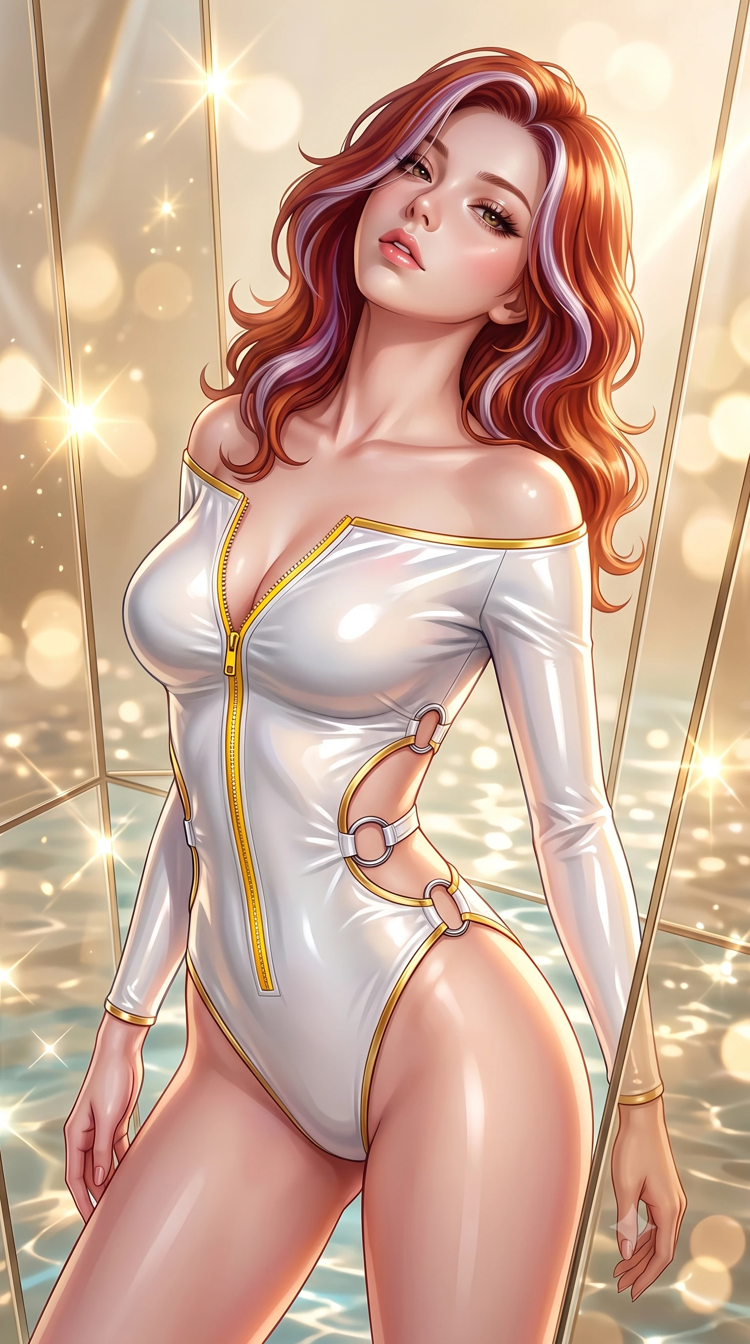 score_9, masterpiece, best quality, ultra-detailed, high-budget anime keyframe, semi-realistic 3D game render, editorial fashion photography, tasteful artistic composition, Caucasian woman. close-up cowboy shot from the waist and thighs up, the character dominates the composition, filling the frame with her large presence. tilting her head back with a sensual alluring expression, exposing her throat and shoulders to the camera with heavy lashes and softly parted glossy lips while pivoting dynamically amidst geometric champagne-tinted glass panels reflecting sparkling sunbursts. The composition keeps background elements in soft focus with creamy bokeh. champagne-tinted glass reflections and shimmering water surfaces blurred into glowing golden bokeh. She has an exceptionally elegant, slender, and willowy female figure with an ultra-slim waist, a gracefully sculpted slender torso, toned flat midriff, and a refined slim silhouette. sharp v-shaped jawline, high-bridge nose, intricate jewel-like eyes with depth, thick eyelashes, glossy lips with a natural sheen, flawlessly proportioned anatomical accuracy, strict slender model proportions, natural body alignment, perfectly sculpted long slender limbs, ultra-slim waistline, clean dynamic posture without body distortion. wearing a glossy white second-skin latex bodysuit with high-thigh cuts, exposed clavicle neckline, and gleaming zipper details in vibrant sunburst canary yellow and gold trim, made of liquid metal jersey that clings flawlessly to every contour of her build, detailed with polished silver rings connecting the daring side-waist cutouts, the precision-cut daring openings accentuating her delicate midriff, graceful bare collarbones, and ultra-slim feminine waistline. bathed in warm champagne-gold sunbursts and sparkling aquatic water refractions. highly saturated vibrant anime colors, detailed shading with soft gradients, rich glossy textures, high-contrast stereoscopic depth, volumetric dynamic lighting, master piece, 9:16 ratio