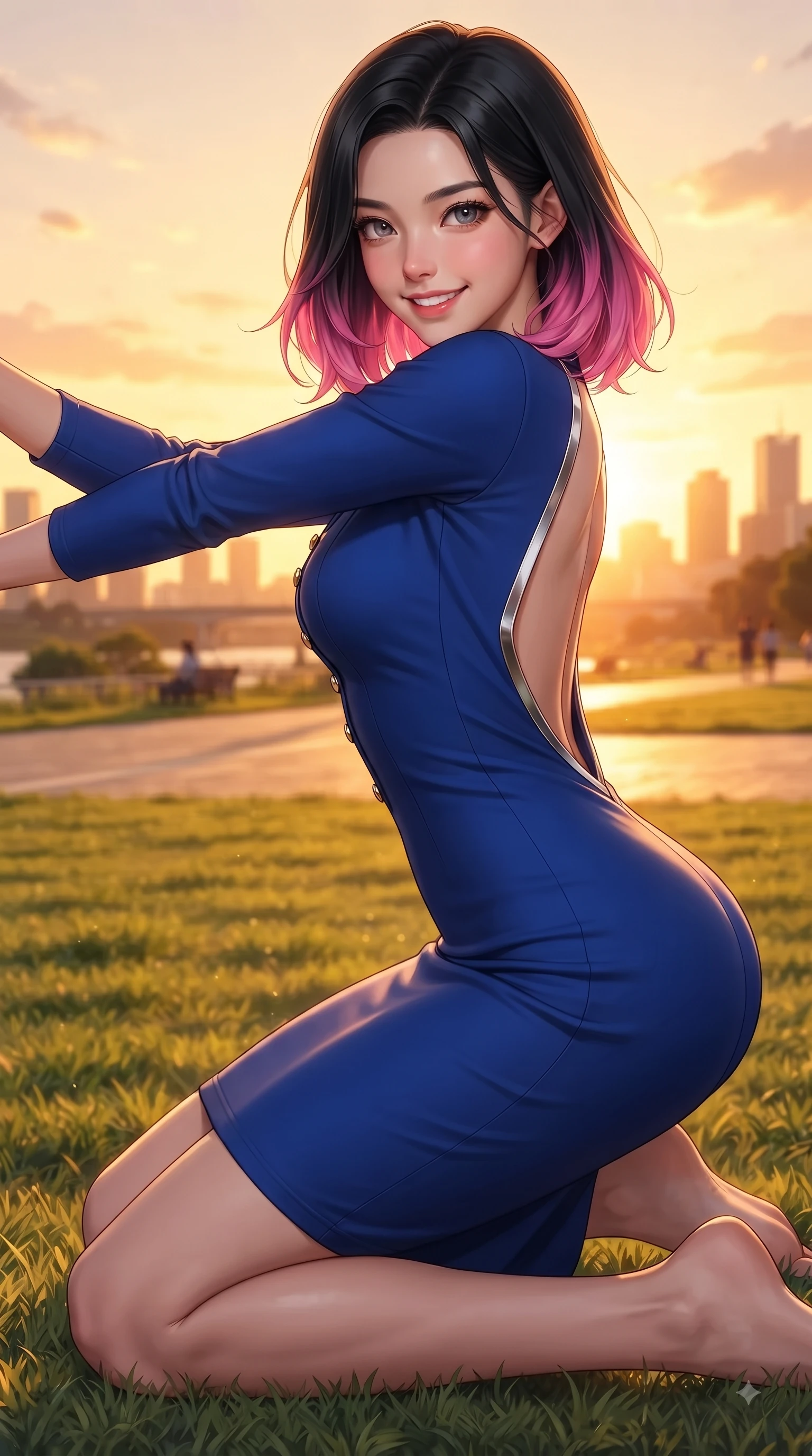 score_9, masterpiece, best quality, ultra-detailed, high-budget anime keyframe, editorial fashion photography, tasteful artistic composition, Korean woman. close-up cowboy shot from the waist and thighs up, the character dominates the composition, filling the frame with her large presence. Gazing directly into the camera with a fresh, infectious smile as her torso curves dynamically in mid-stride while resting on her knees on the grass as warm sunset rays illuminate her radiant beauty. The surrounding environment is rendered in vivid detail and crisp panoramic clarity. scenic walking paths and distant city skyline silhouettes captured with environmental clarity. She has an exceptionally elegant, slender, and willowy female figure with an ultra-slim waist, a gracefully sculpted slender torso, and a refined silhouette. sharp v-shaped jawline, high-bridge nose, intricate jewel-like eyes with depth, thick eyelashes, glossy lips with a natural sheen, flawlessly proportioned anatomical accuracy, natural body alignment, perfectly sculpted elegant limbs, clean dynamic posture without body distortion. wearing a precision-fitted bodycon dress with a graceful open draped back in deep royal blue and polished silver accent, made of premium stretch jersey that follows her curves like a glove, adorned with delicate gold buttons along the front, the form-contouring material highlighting her ultra-slim waist and long lines. bathed in glorious golden hour sunset sunbeams and warm amber sky radiance. ultra-reflective glossy finish, specular highlights, metallic sheen, high-contrast stereoscopic depth, volumetric dynamic lighting, 2k, ultra detail, master piece, 9:16 ratio