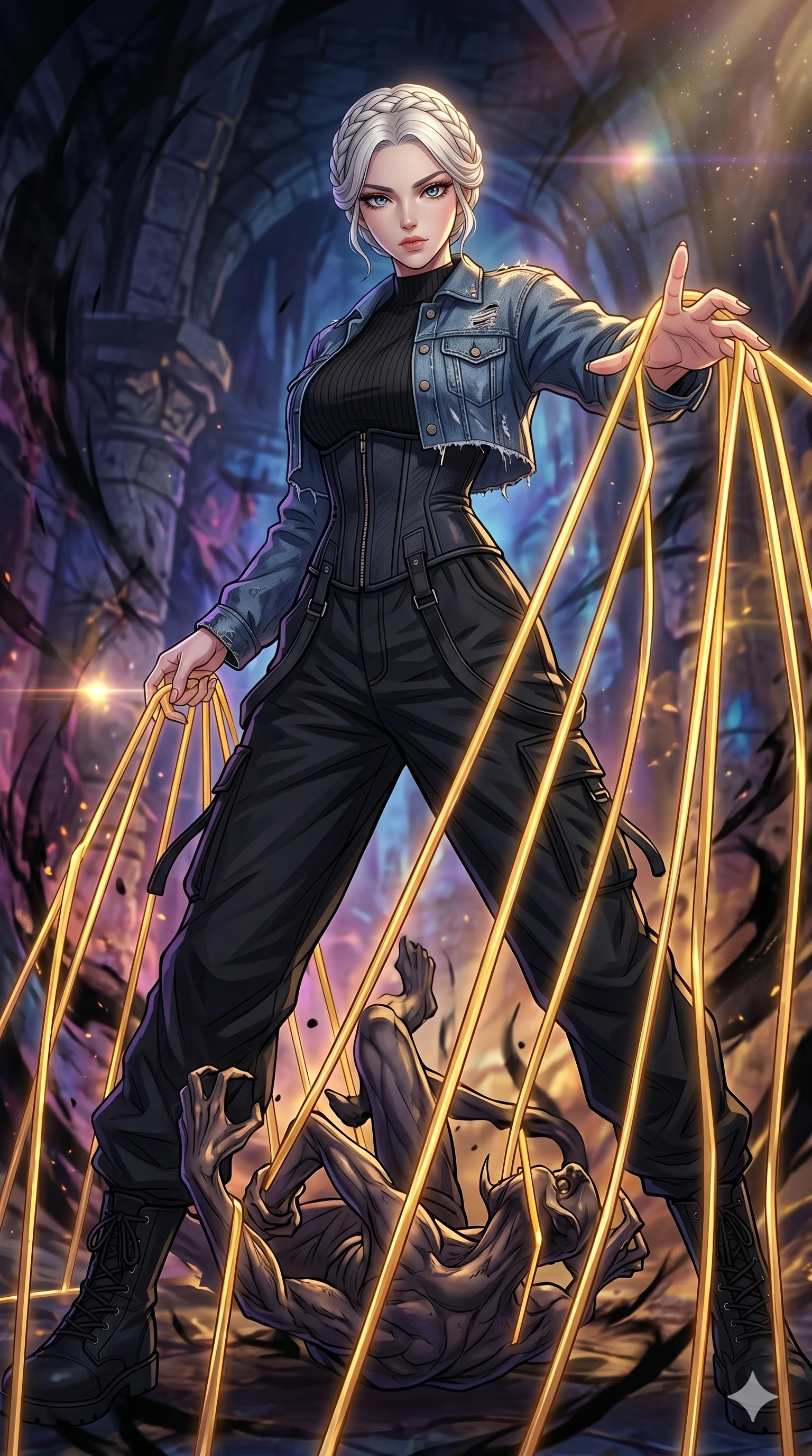 score_9, masterpiece, best quality, ultra-detailed, high-budget anime movie keyframe, cinematic anime lighting, intricate line art, Japanese woman. Low angle cowboy shot capturing a powerful motion and statuesque presence. weaving a cage of golden bars around a shadow demon. She has an absolutely perfect 8-heads proportion, an exceptionally tall and slender female figure with graceful and slender proportions. strictly human anatomy, two legs only, no extra limbs, clearly defined legs and arms, perfect anatomy, perfect hands and fingers. sharp v-shaped jawline, high-bridge nose, intricate jewel-like eyes, thick eyelashes, glossy lips. Wearing Urban Trendsetter: Ribbed bodycon dress, crop top with high-waist denim, and elegant corset with cargo pants. The scene is illuminated by dramatic atmospheric lighting and vibrant color palettes. , 2k, ultra detail, master piece, 9:16 ratio