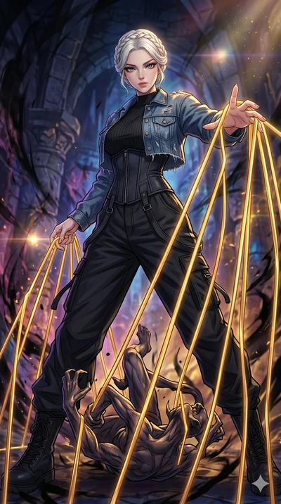 score_9, masterpiece, best quality, ultra-detailed, high-budget anime movie keyframe, cinematic anime lighting, intricate line art, Japanese woman. Low angle cowboy shot capturing a powerful motion and statuesque presence. weaving a cage of golden ba
